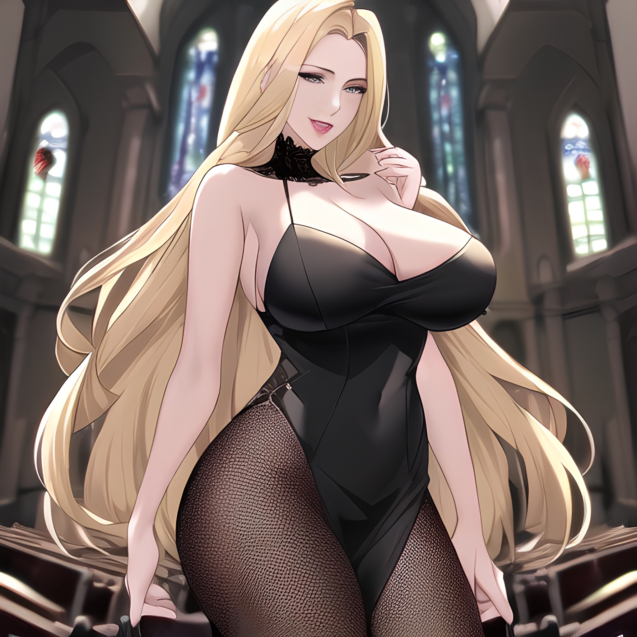 church small boobs fishnet front view long hair woman blonde nude 