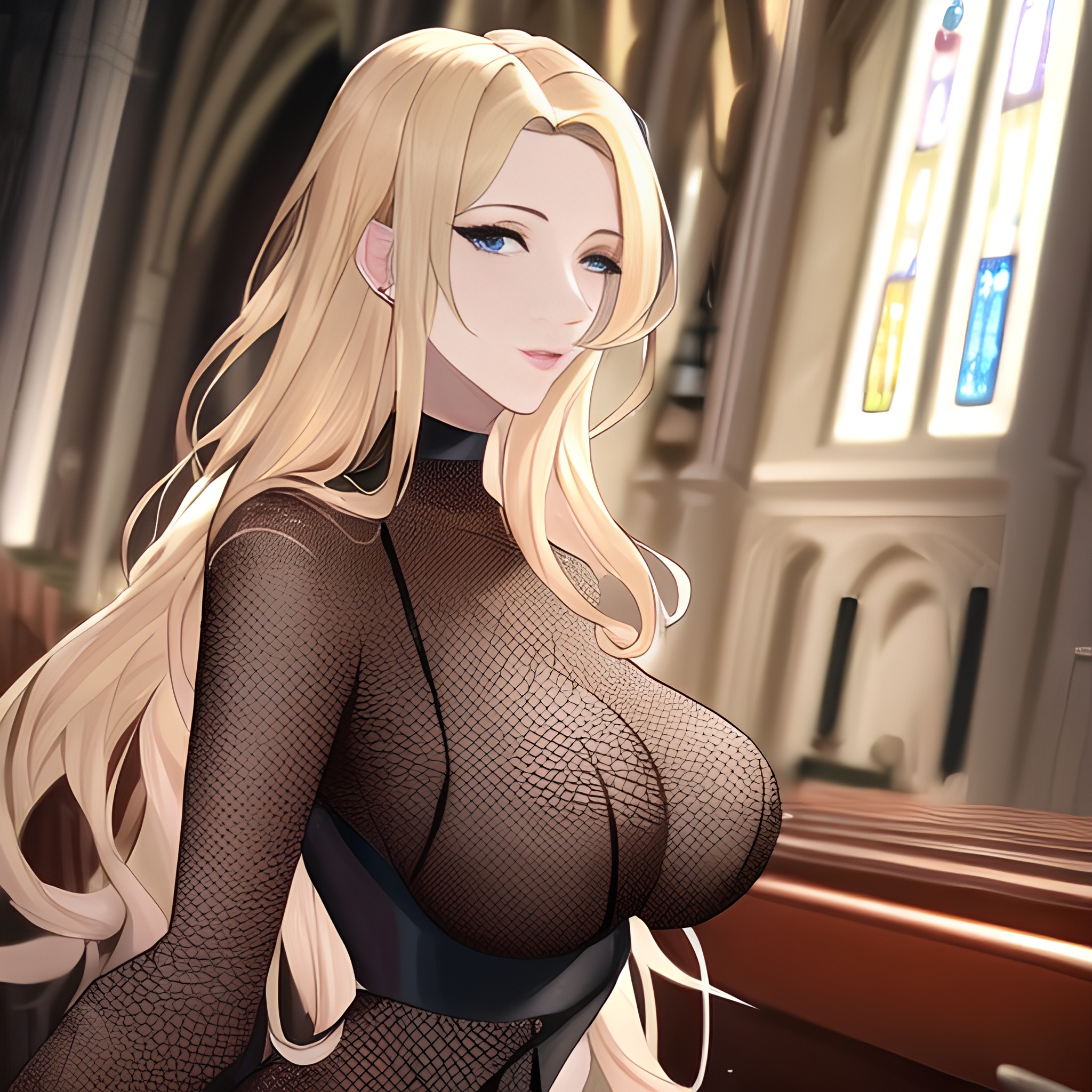 church small boobs fishnet long hair nude front view woman blonde 