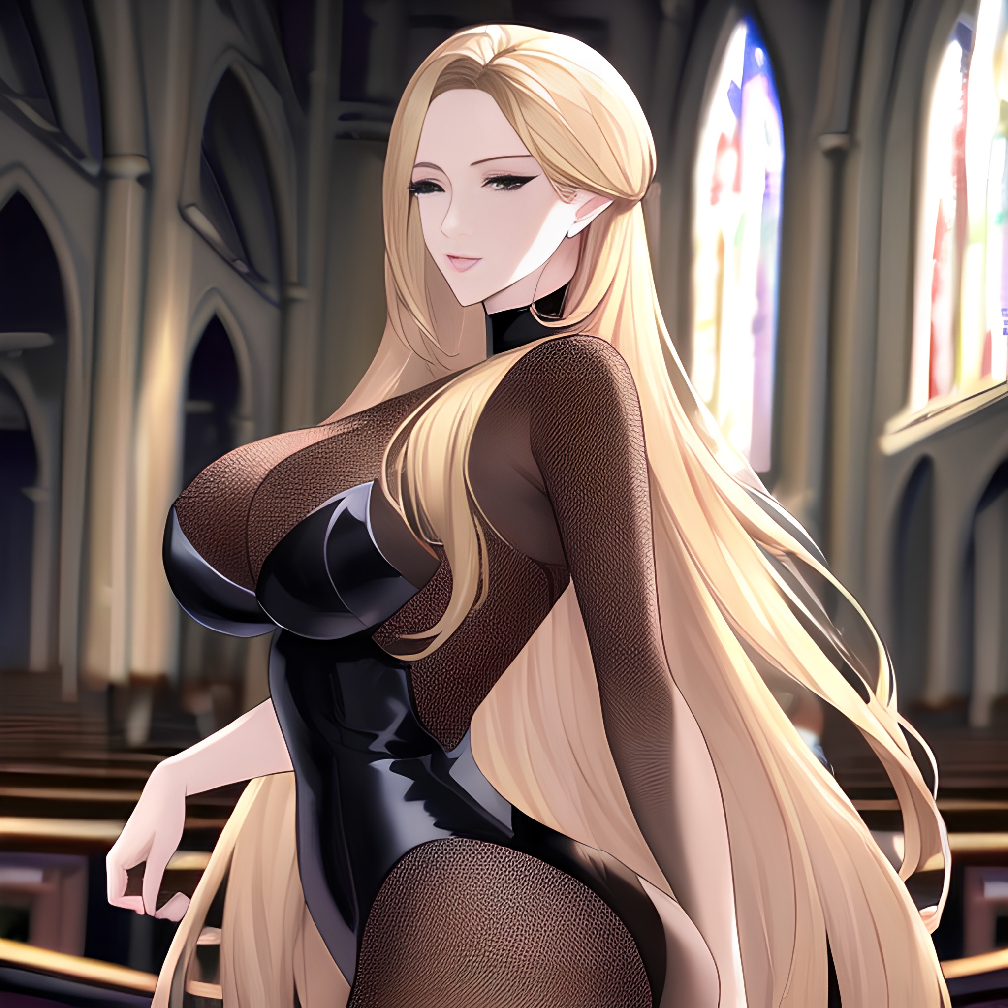 church small boobs front view woman blonde nude fishnet long hair