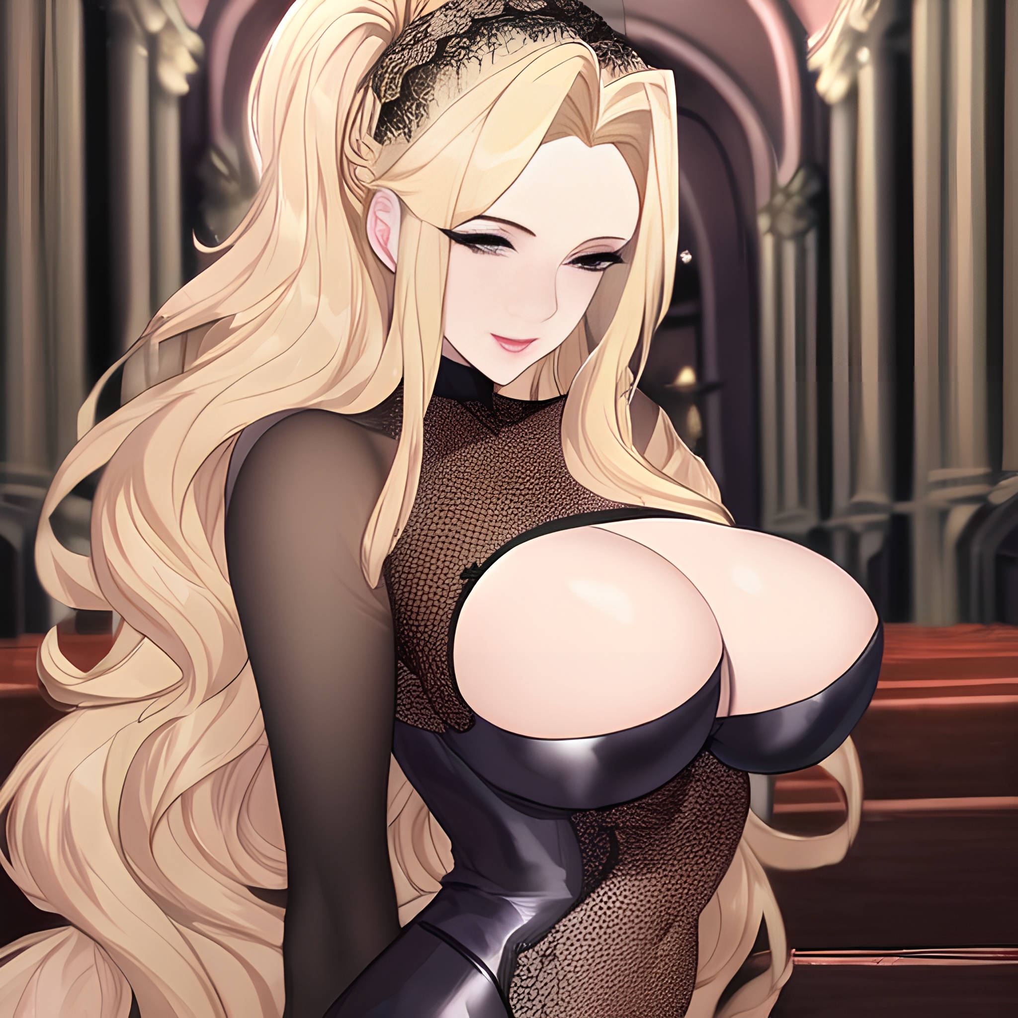 church small boobs long hair woman blonde fishnet front view nude 