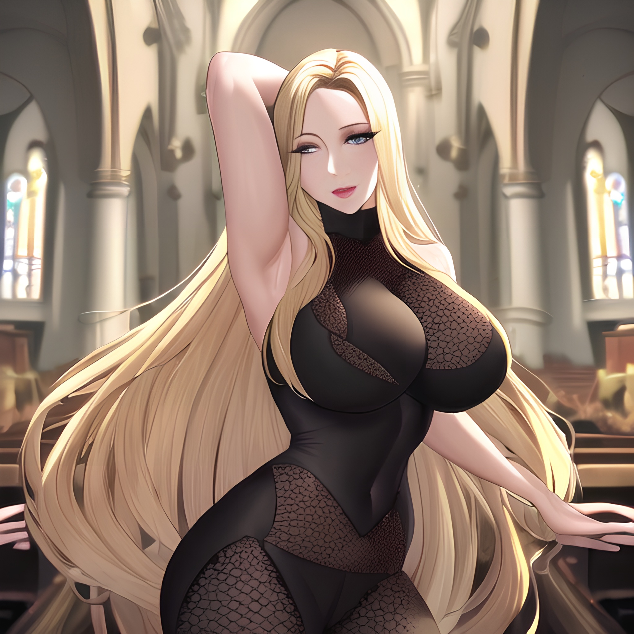 church small boobs long hair woman blonde front view nude fishnet 