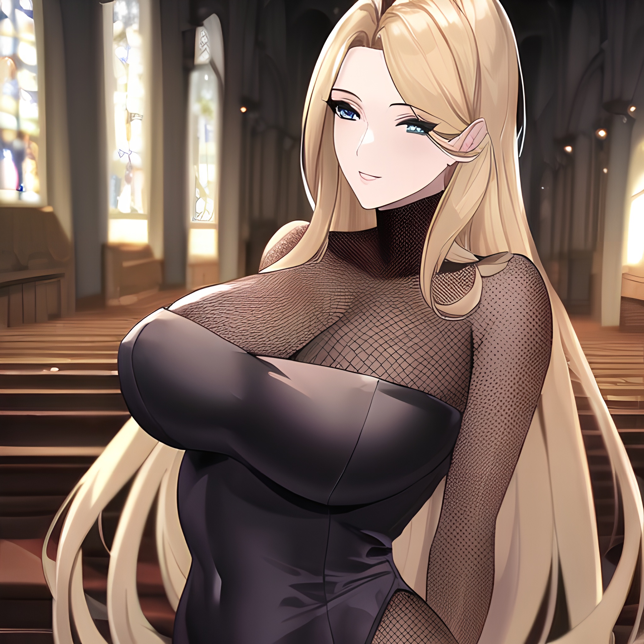 church small boobs long hair woman fishnet front view blonde nude 