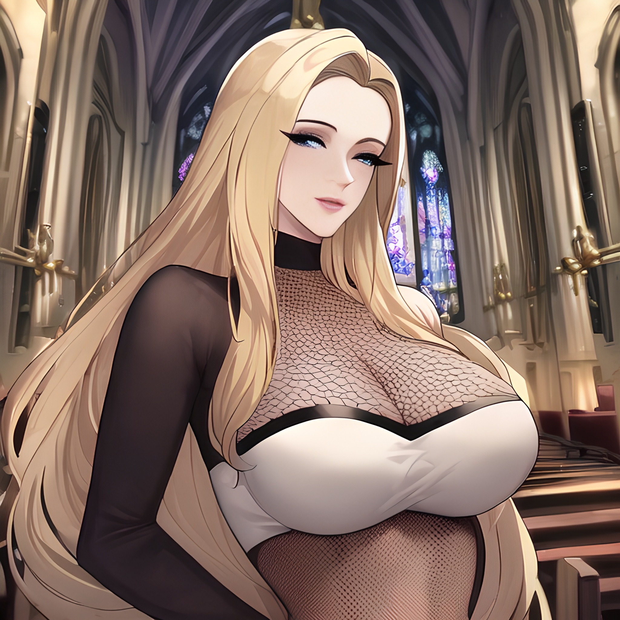church small boobs nude blonde front view long hair woman fishnet 