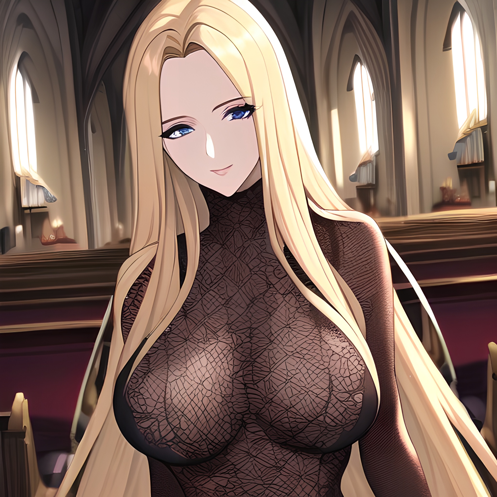 church small boobs nude blonde woman front view fishnet long hair 