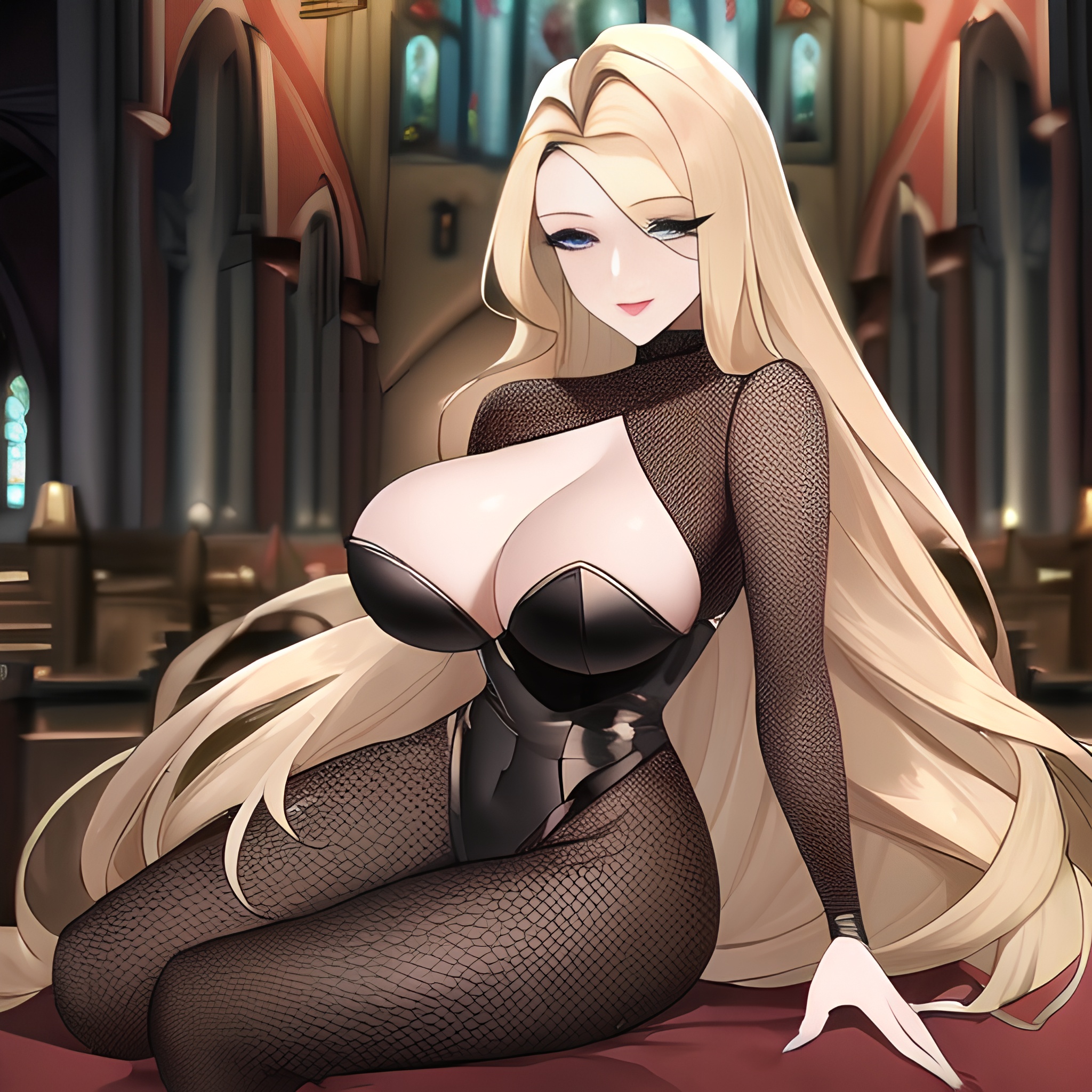 church small boobs woman nude fishnet blonde front view long hair 