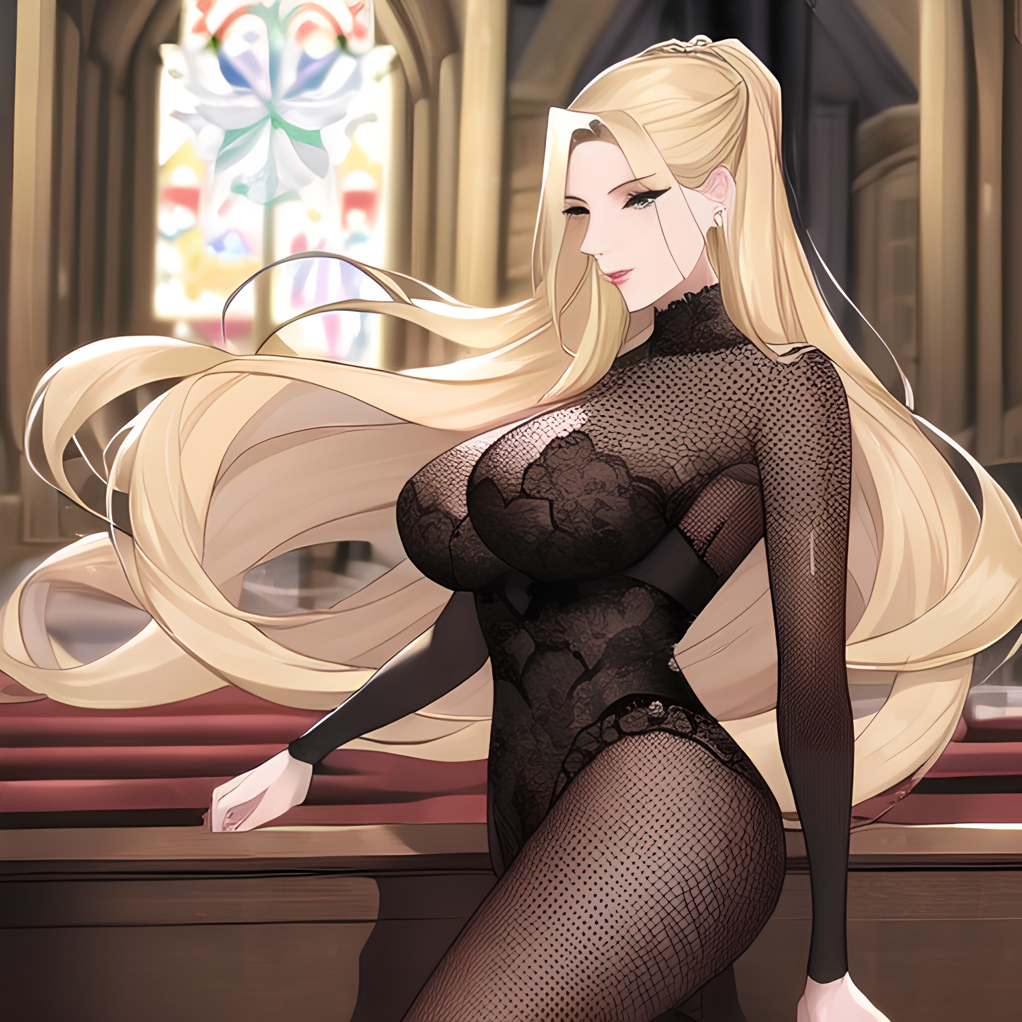 church small boobs woman nude long hair blonde front view fishnet