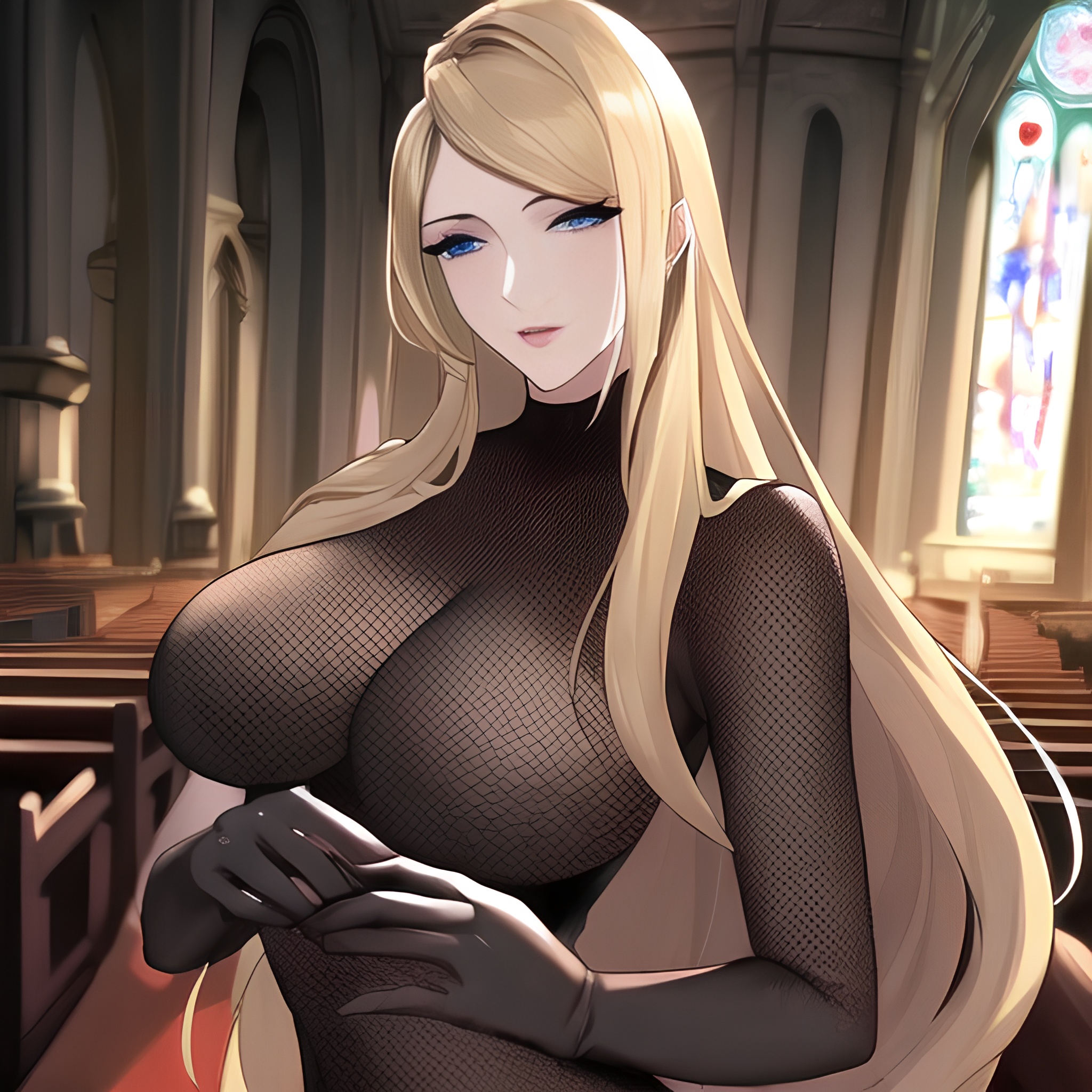 church small boobs woman nude long hair fishnet blonde front view 