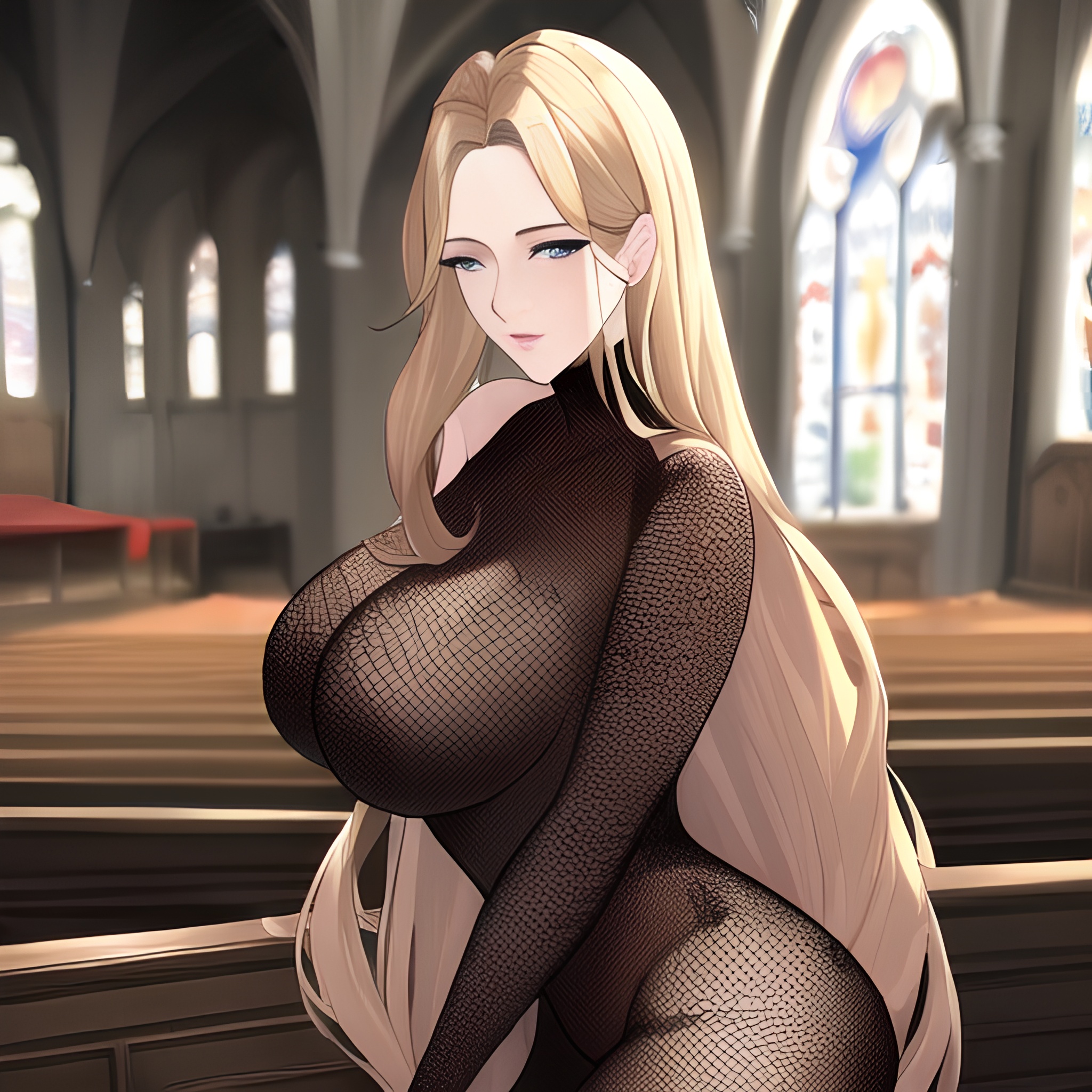 church woman blonde nude small boobs long hair front view fishnet 
