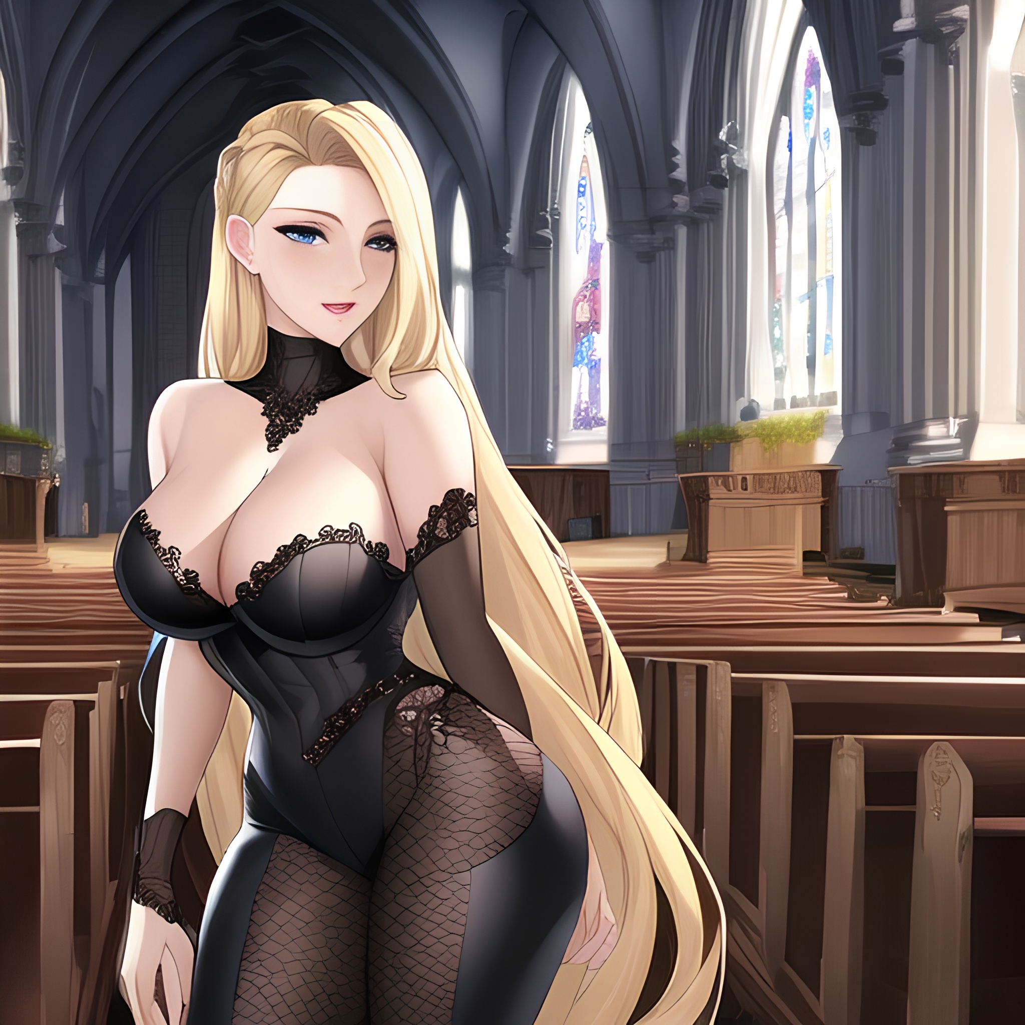 church woman blonde small boobs front view nude long hair fishnet 