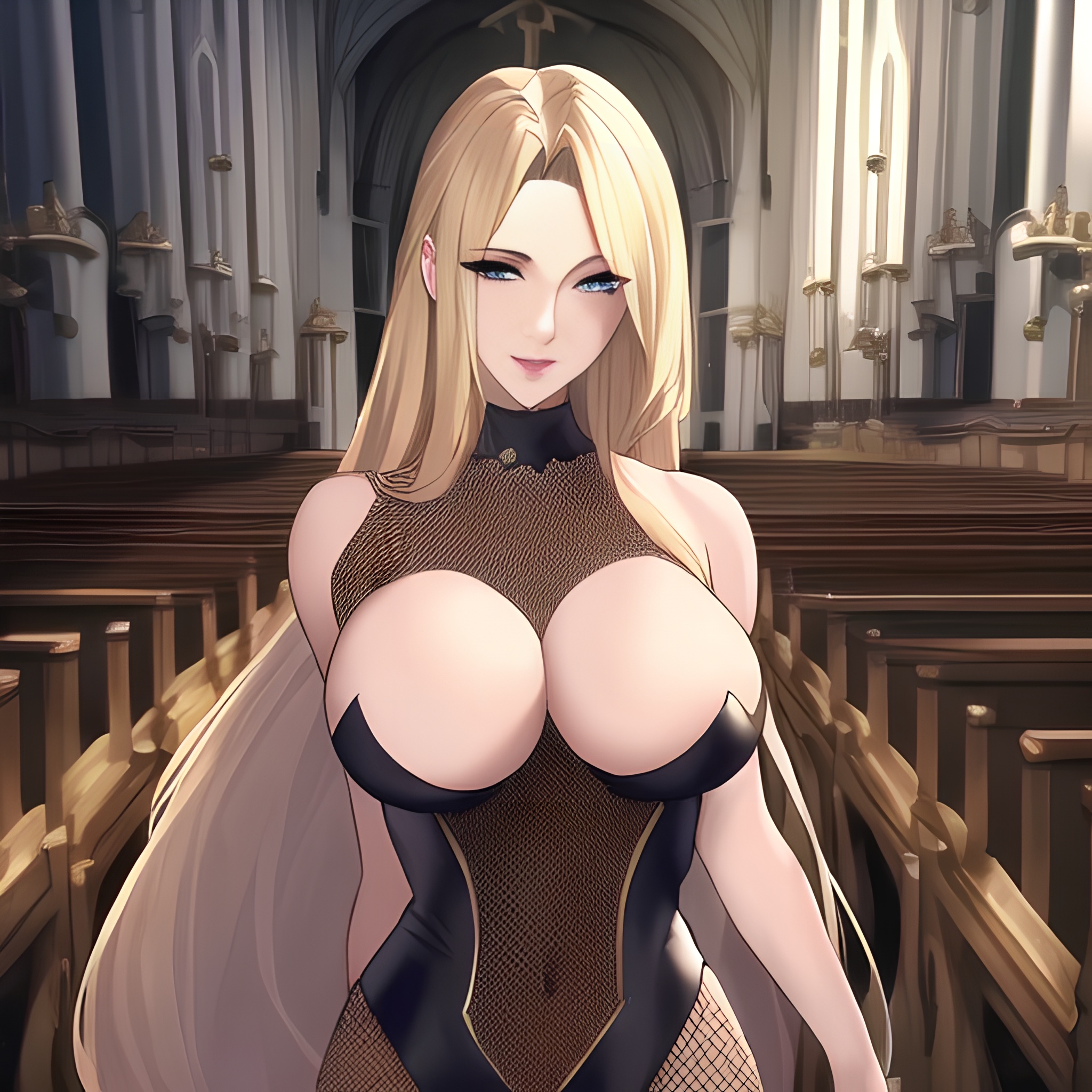 church woman front view nude small boobs fishnet blonde long hair 