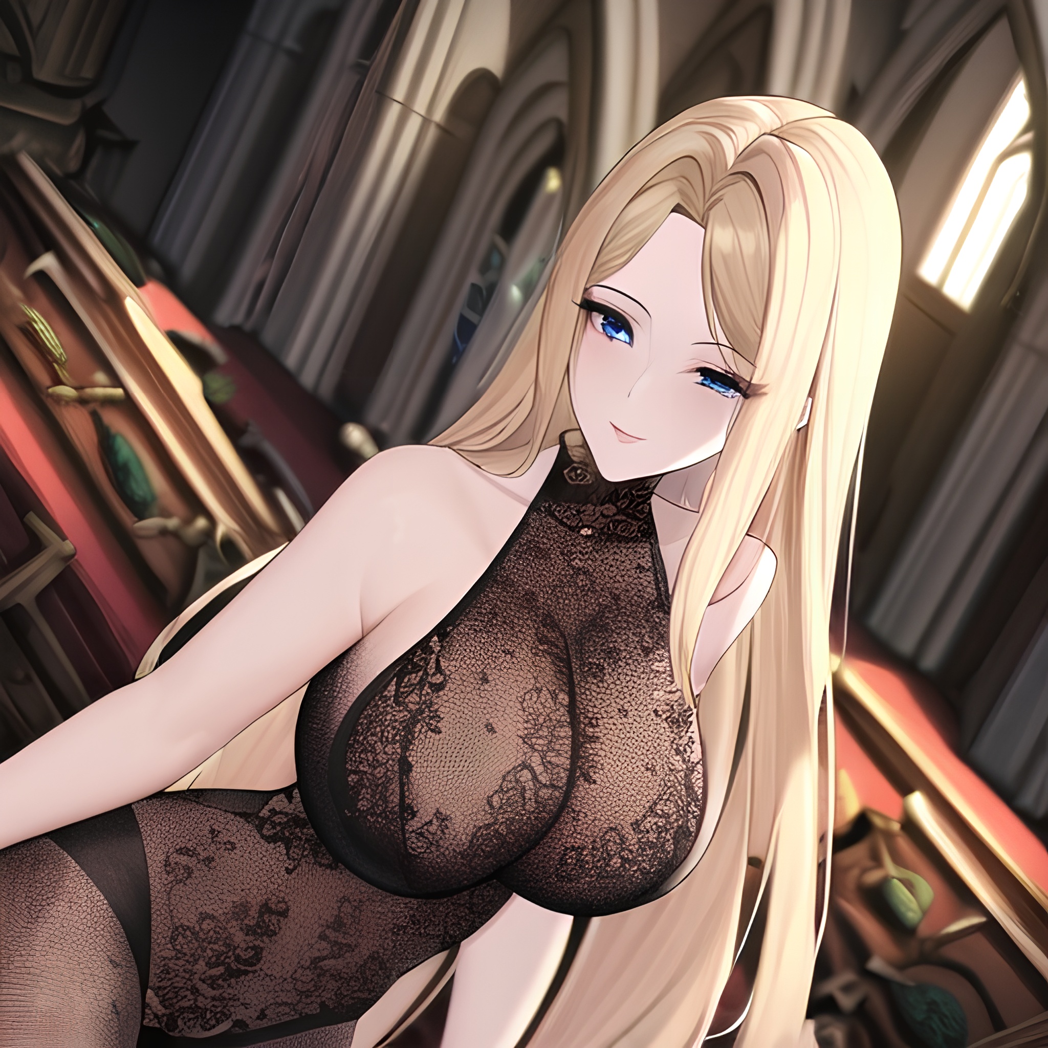 church woman long hair fishnet blonde front view small boobs nude