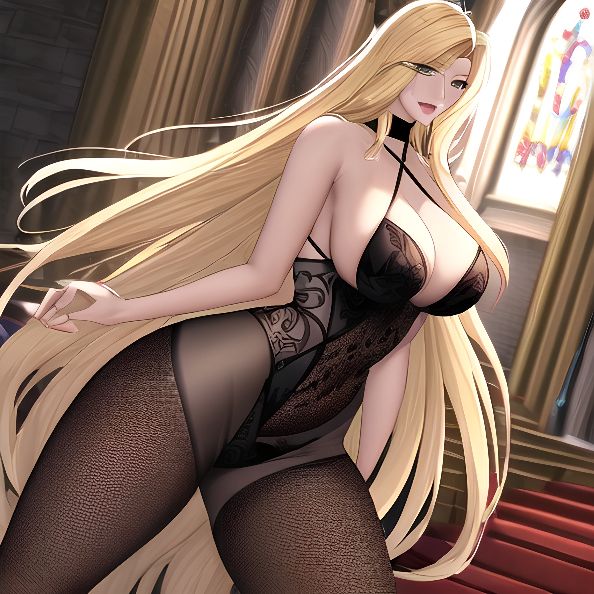 church woman long hair front view fishnet blonde nude small boobs 