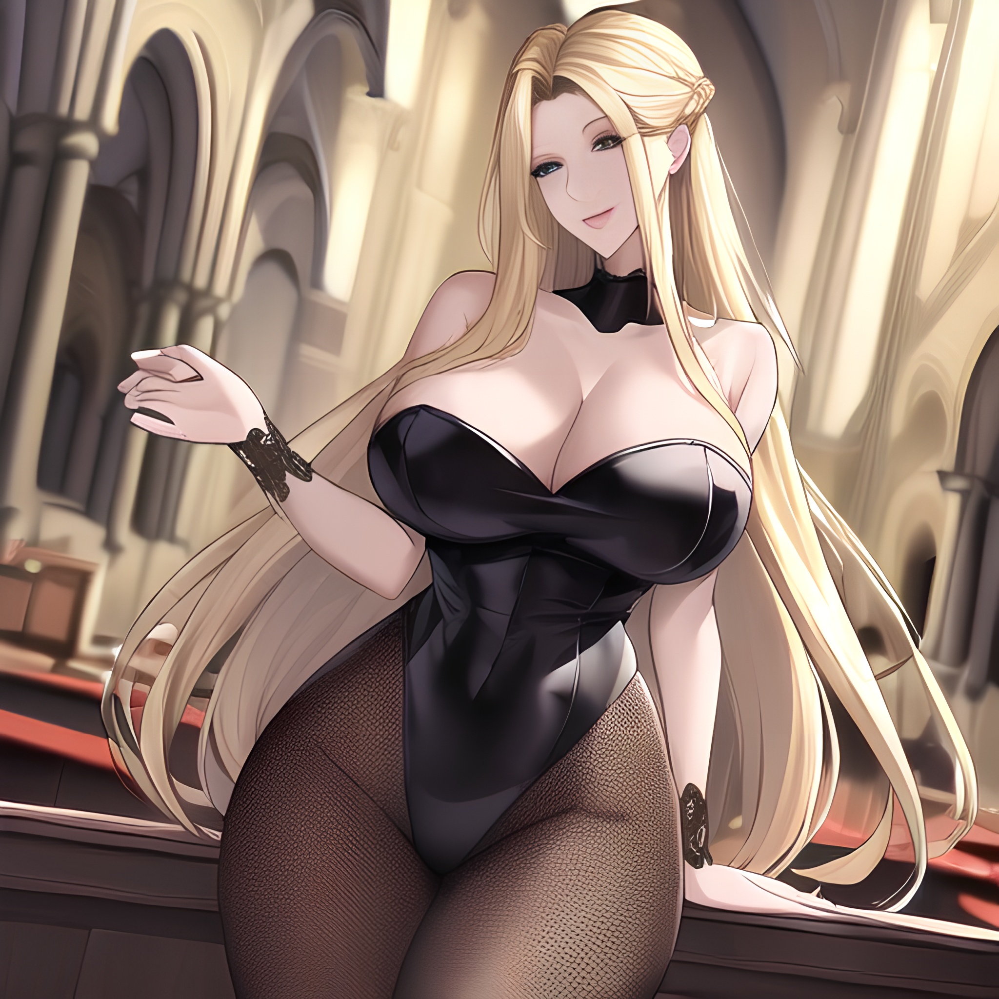 church woman nude blonde front view fishnet long hair small boobs 