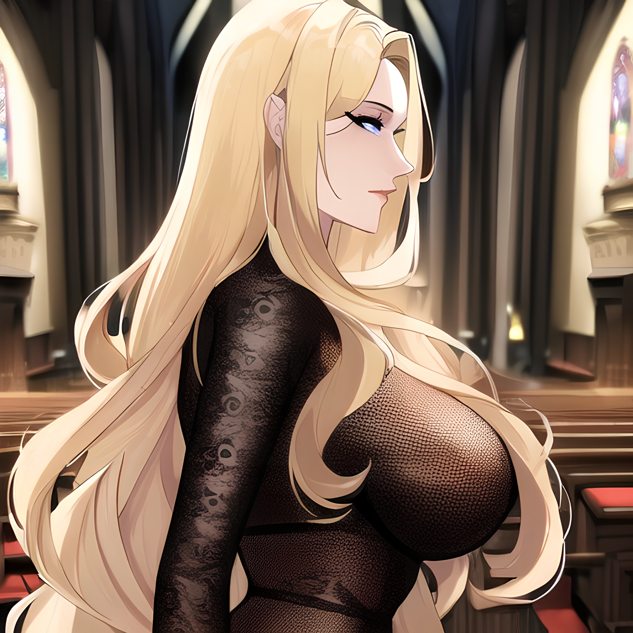 church woman nude fishnet small boobs long hair front view blonde 