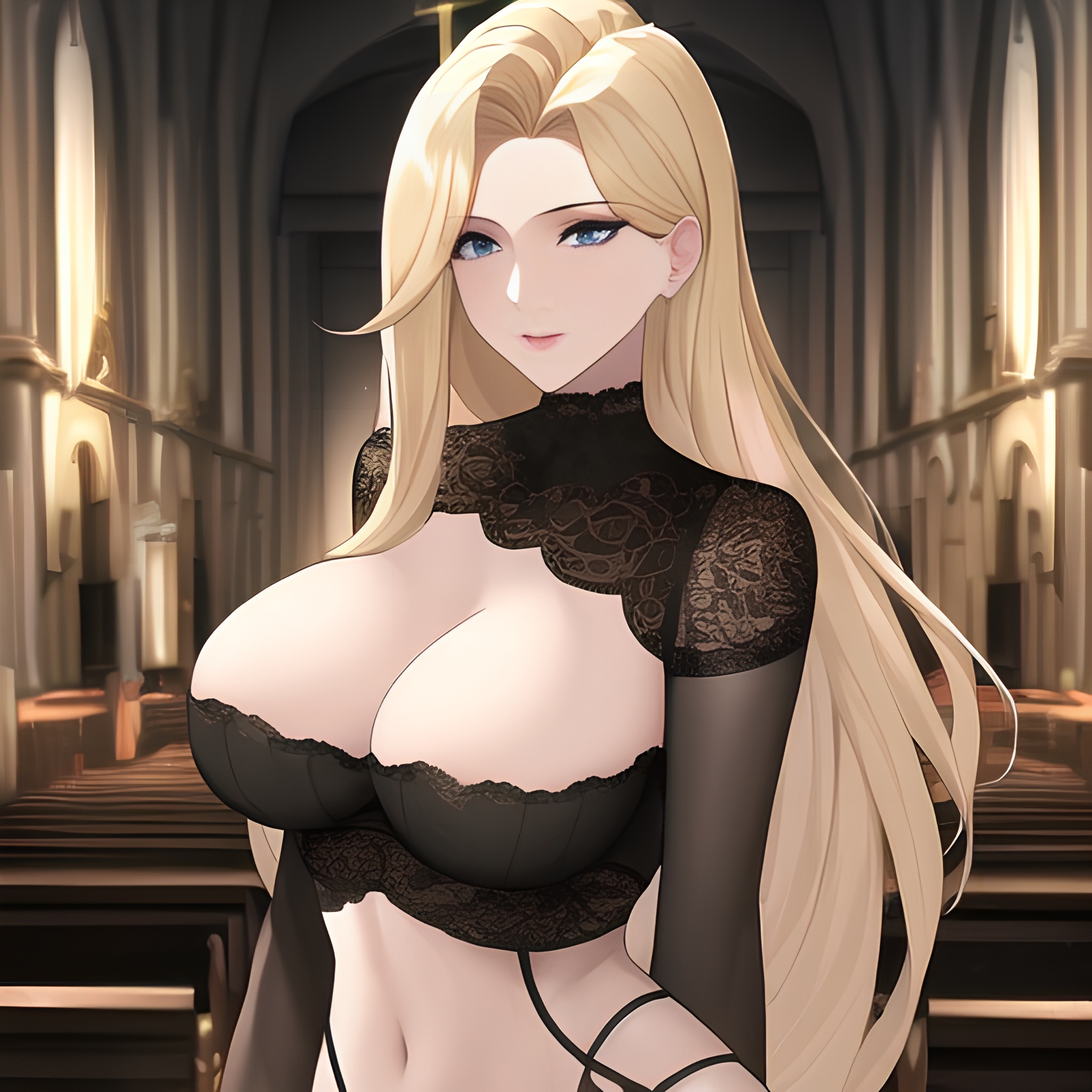 church woman nude front view blonde long hair fishnet small boobs 
