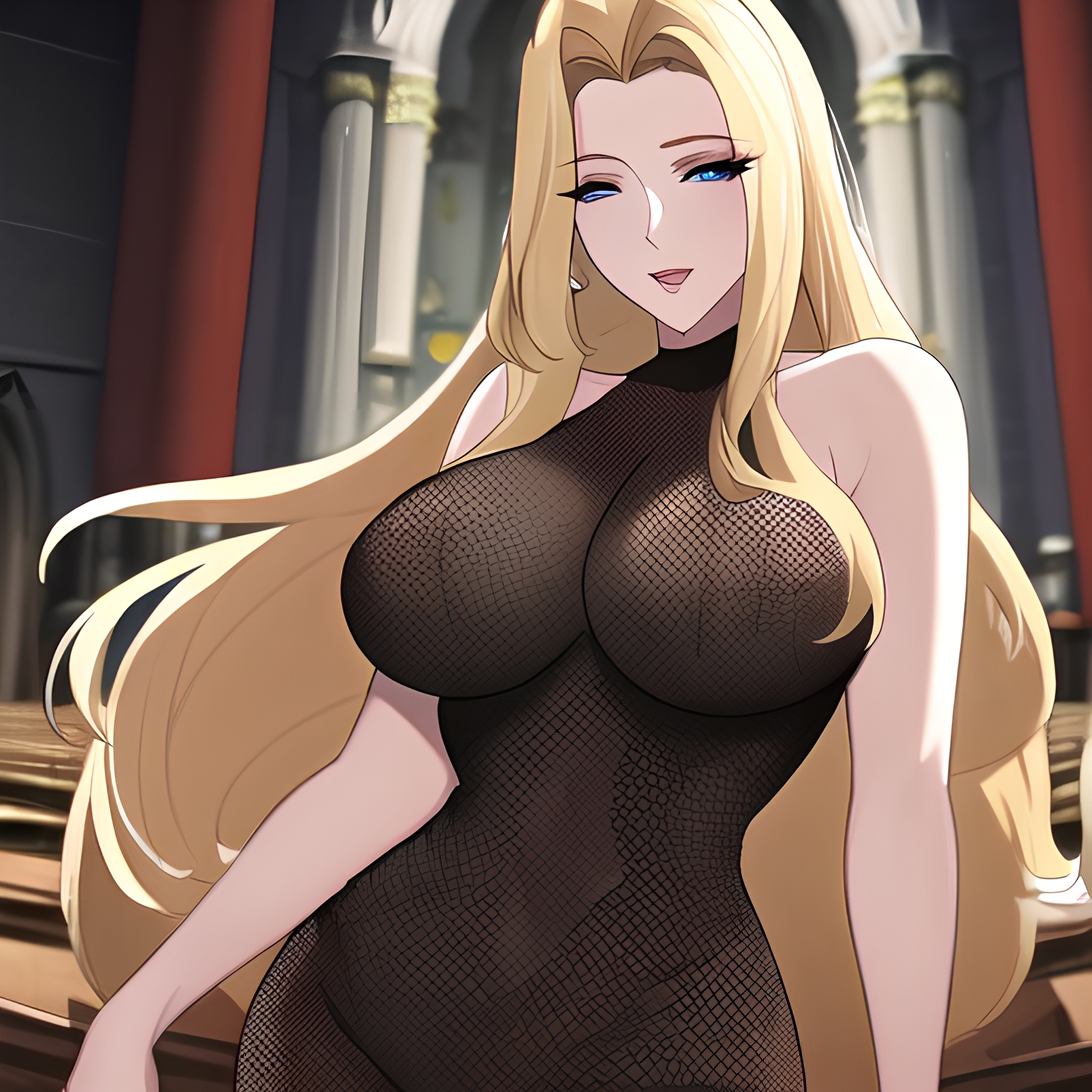 church woman small boobs blonde nude fishnet long hair front view 