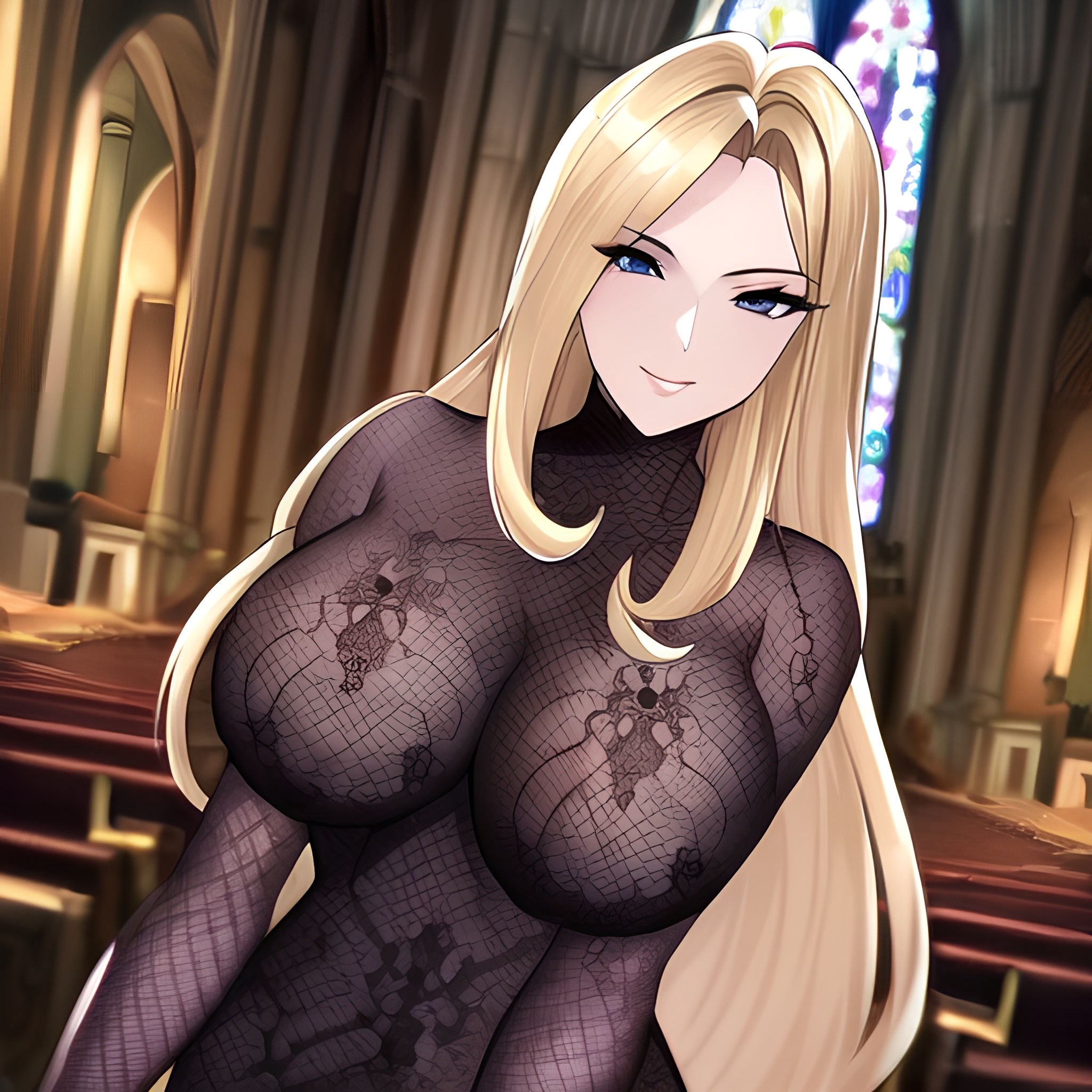 church woman small boobs fishnet blonde nude front view long hair 