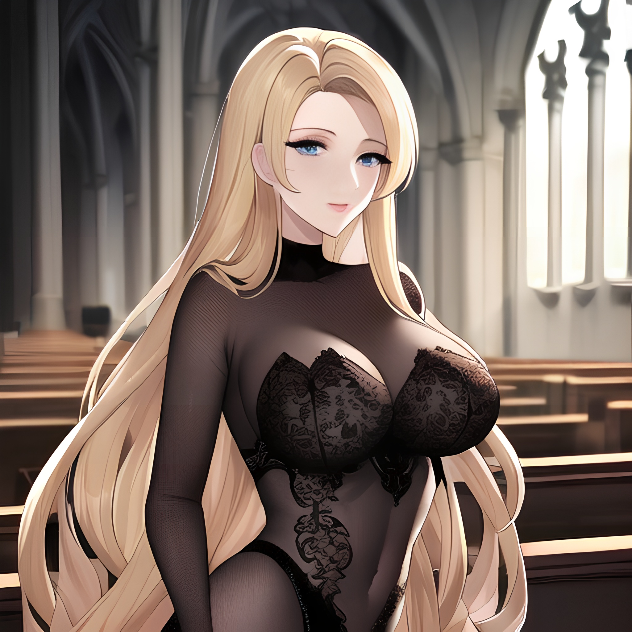 fishnet blonde church woman nude long hair front view small boobs