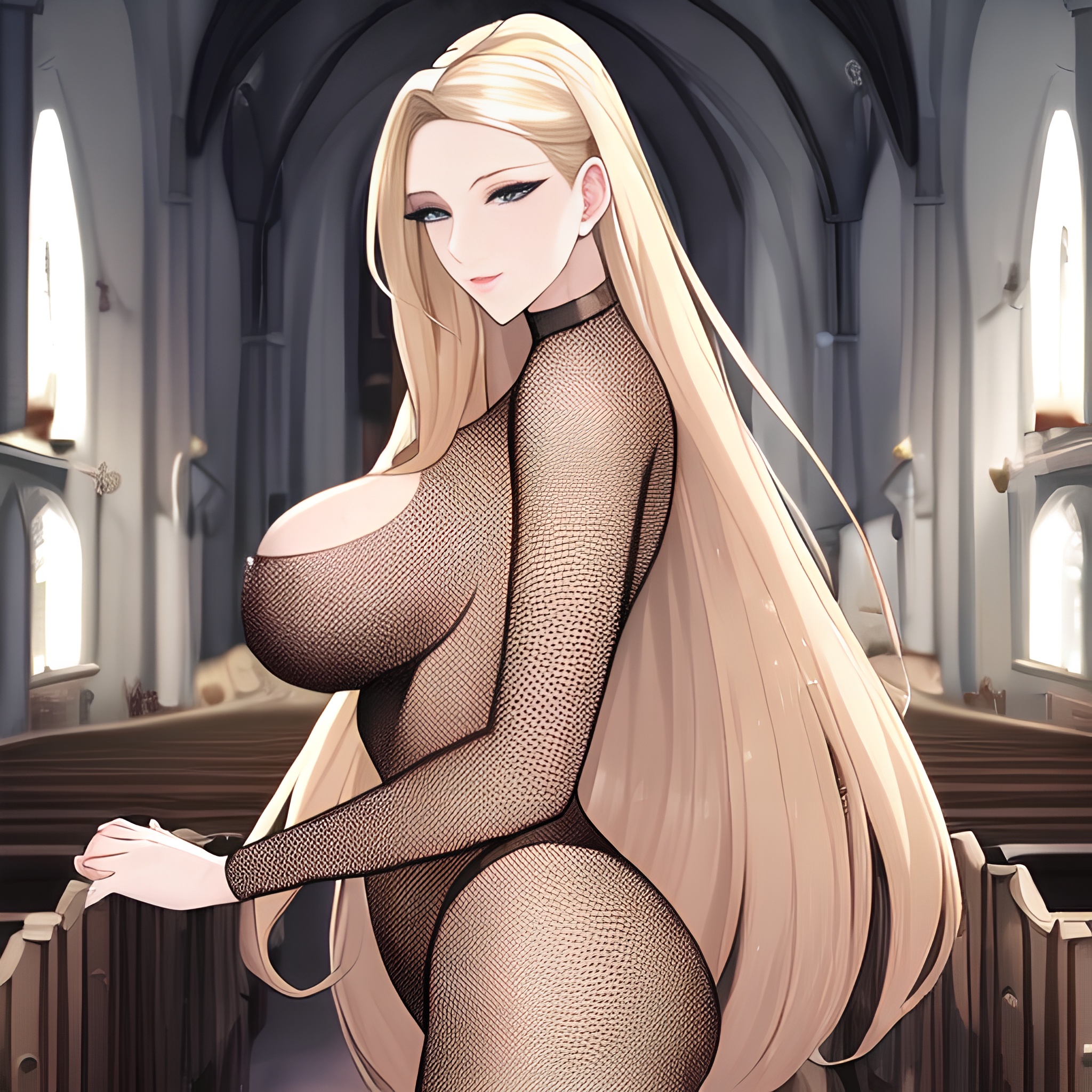 fishnet blonde long hair front view nude small boobs woman church 
