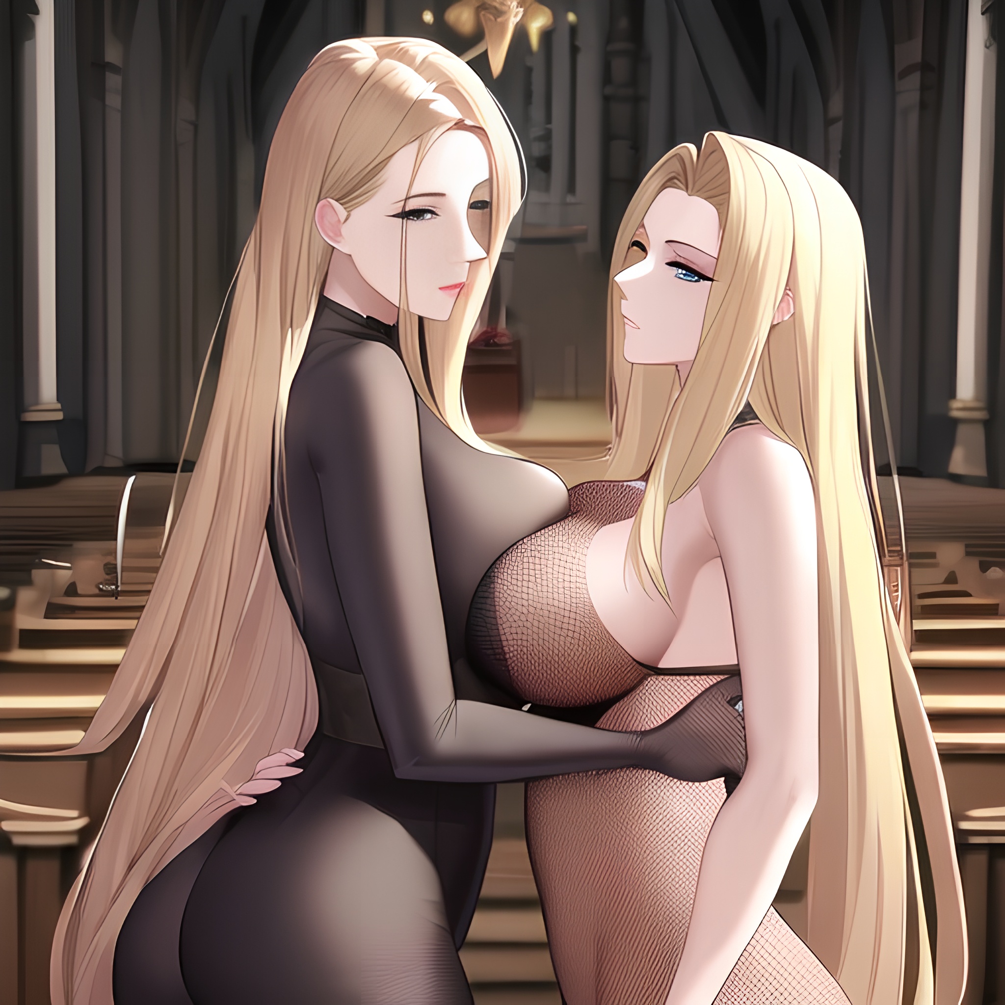 fishnet blonde long hair nude small boobs front view church woman