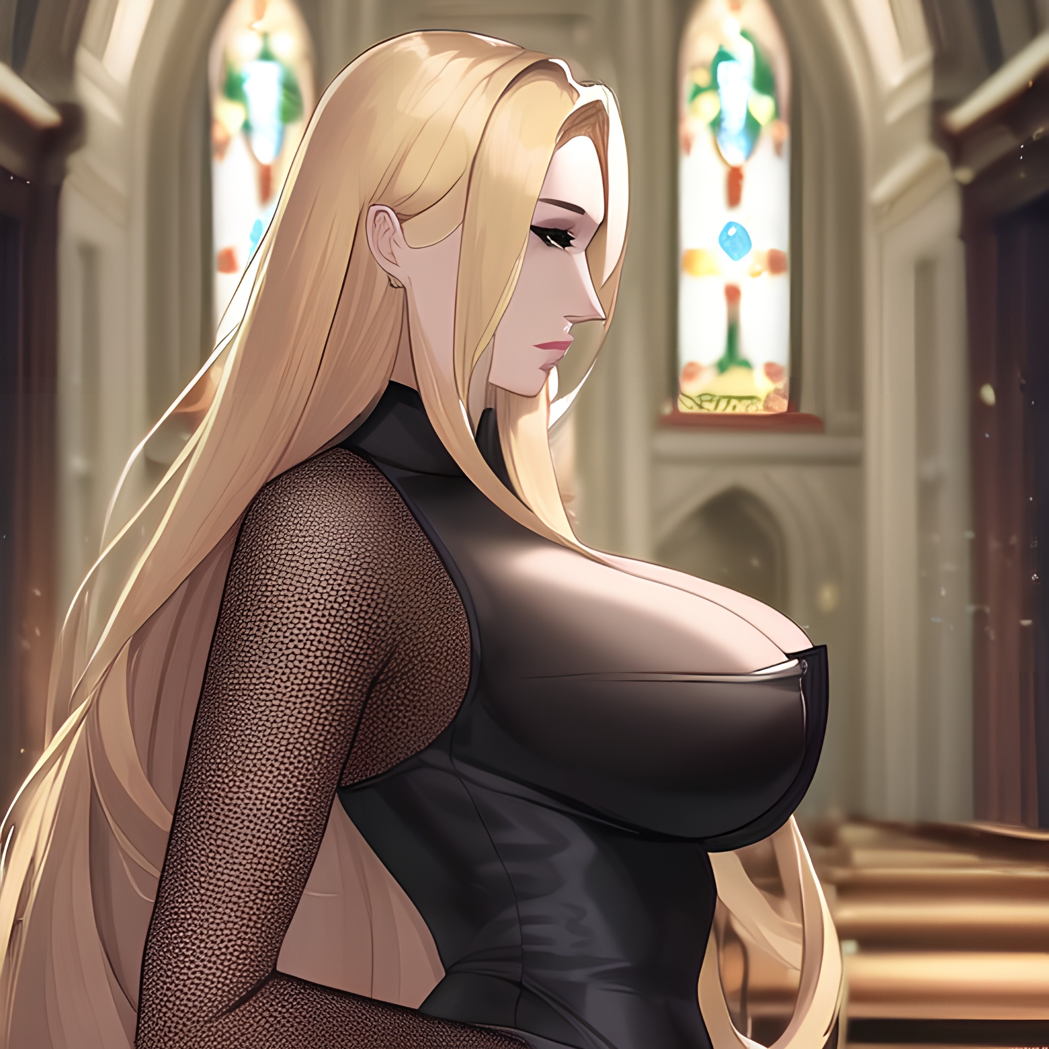 fishnet blonde nude church small boobs long hair front view woman 