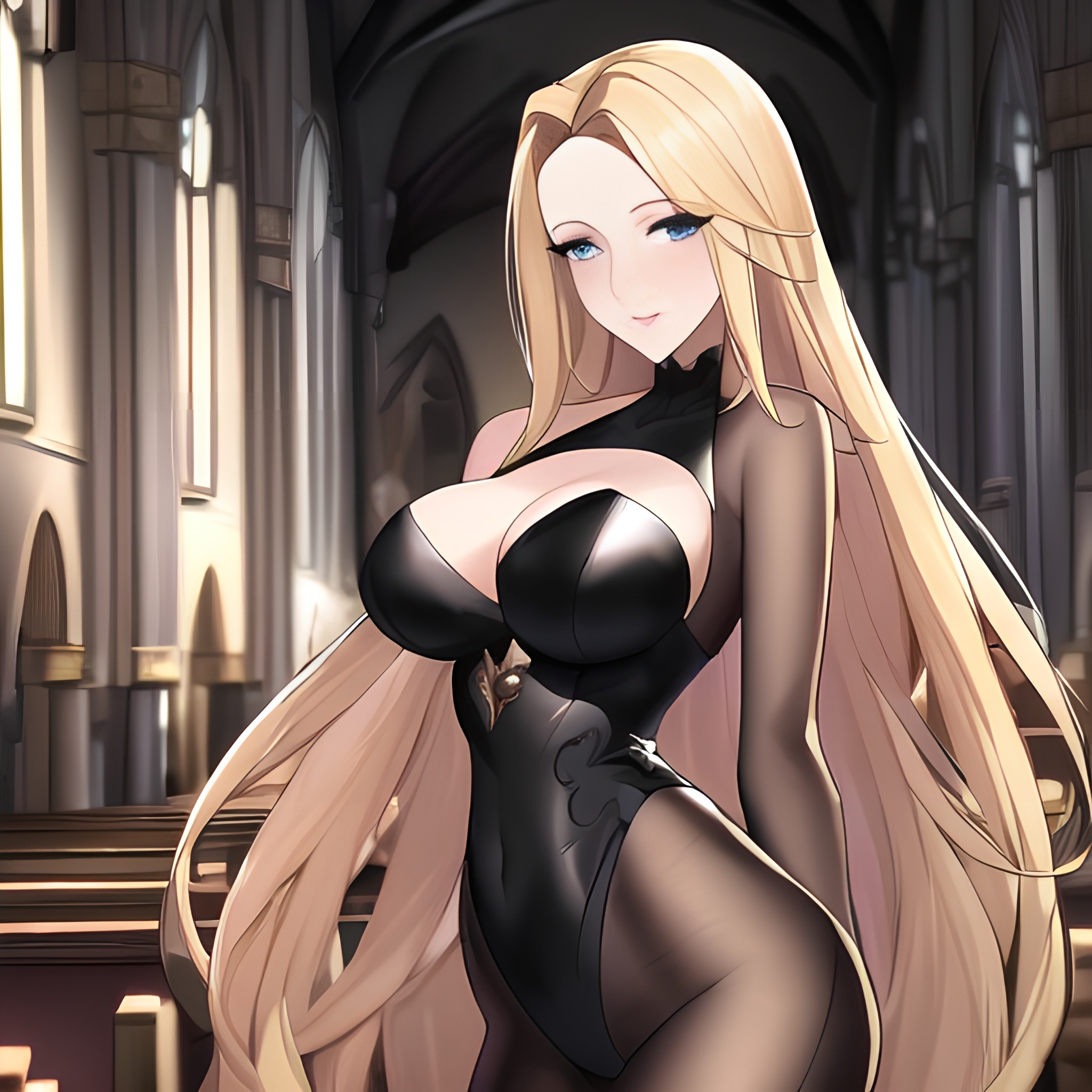 fishnet blonde small boobs church nude woman front view long hair 