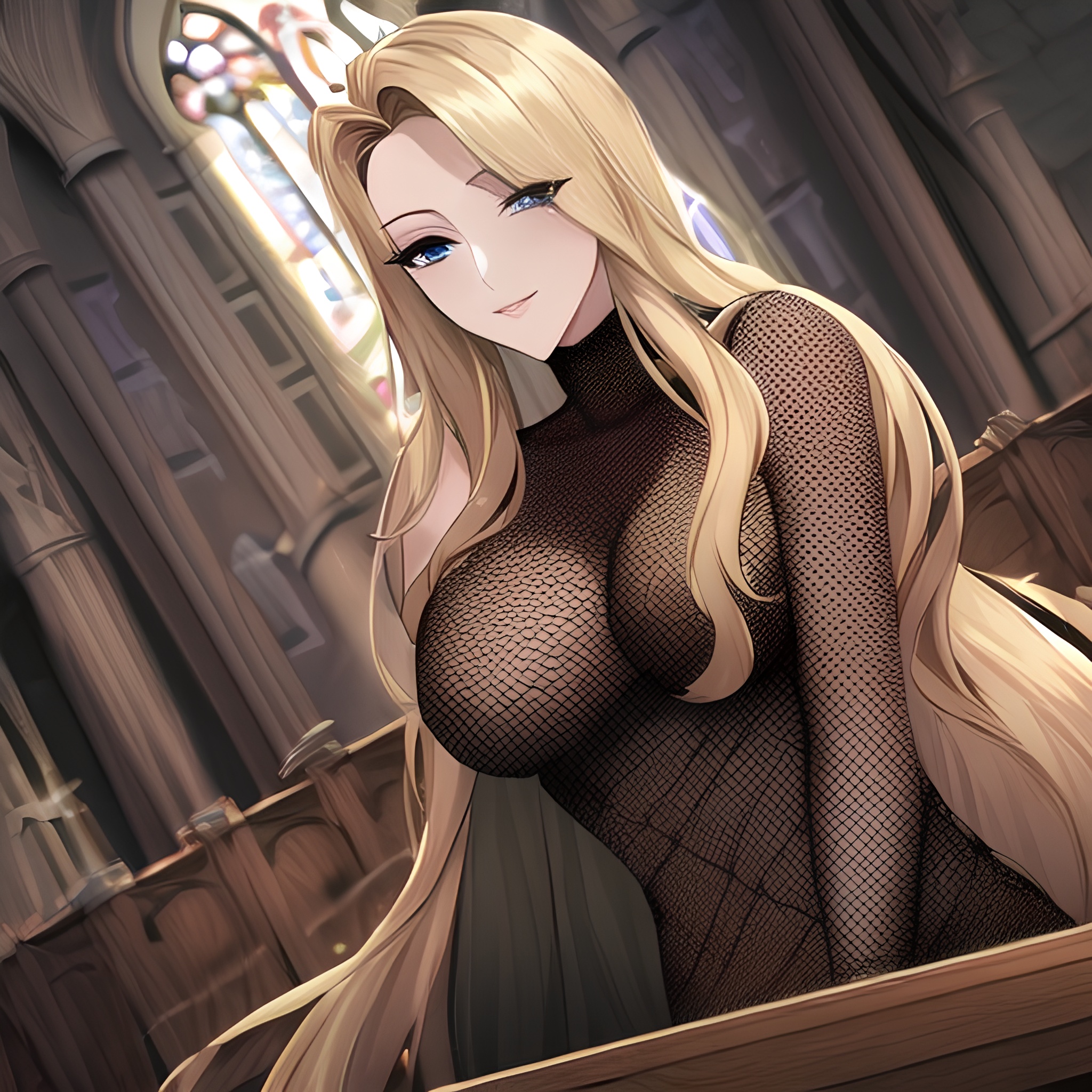 fishnet blonde small boobs long hair nude front view church woman