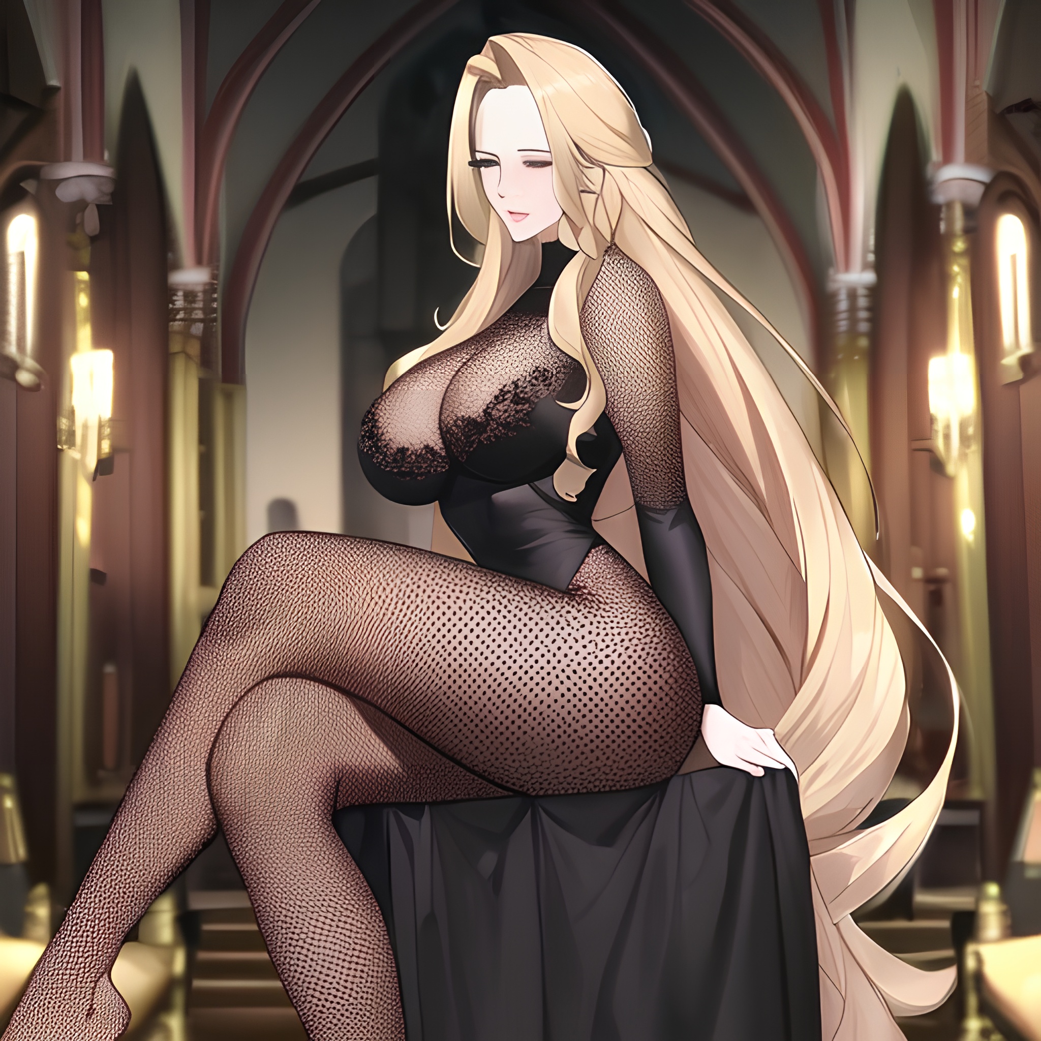fishnet blonde woman church small boobs long hair front view nude 
