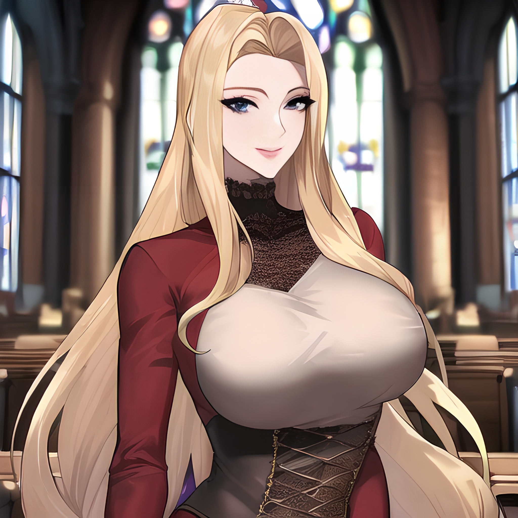 fishnet blonde woman nude church long hair small boobs front view 