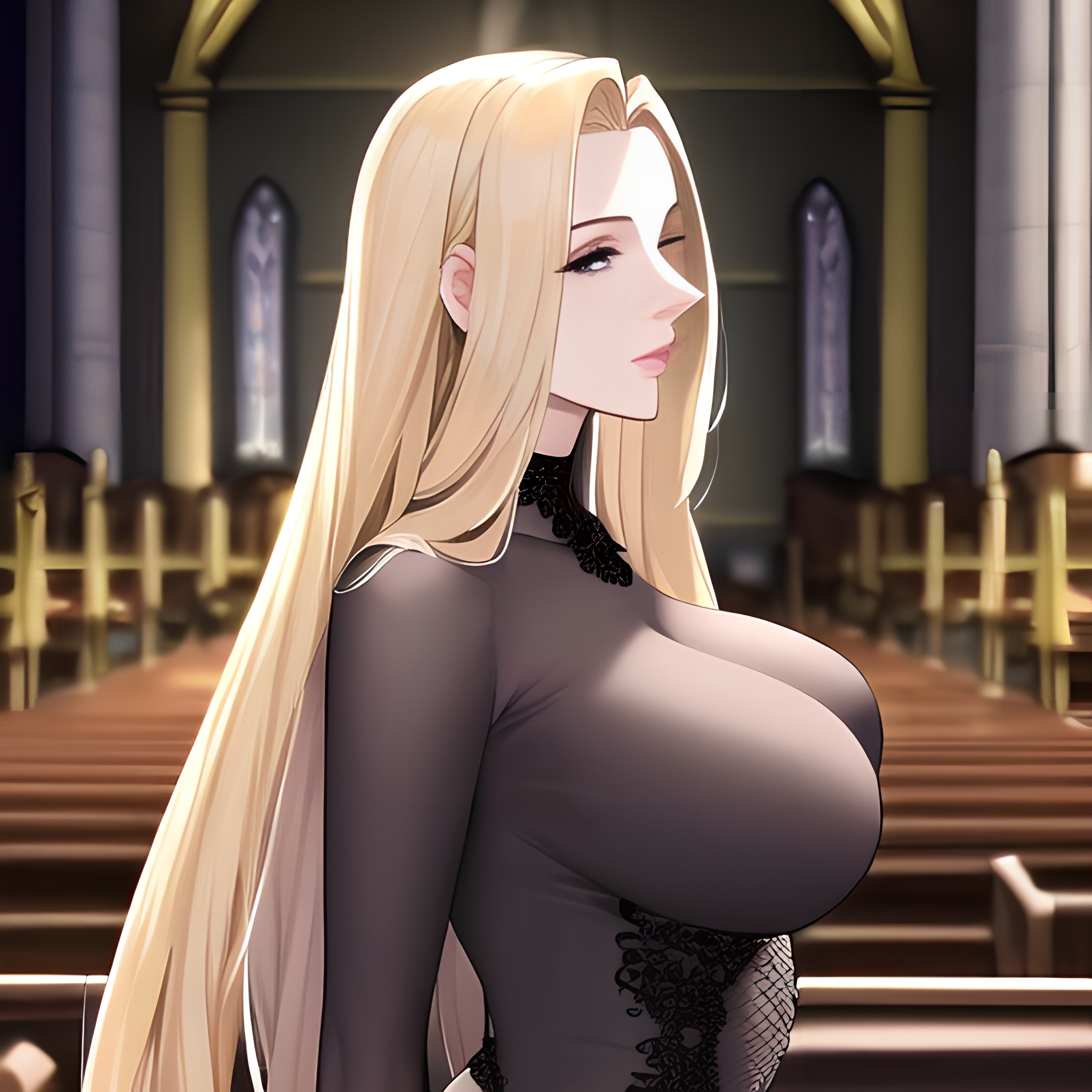 fishnet church front view blonde woman small boobs nude long hair