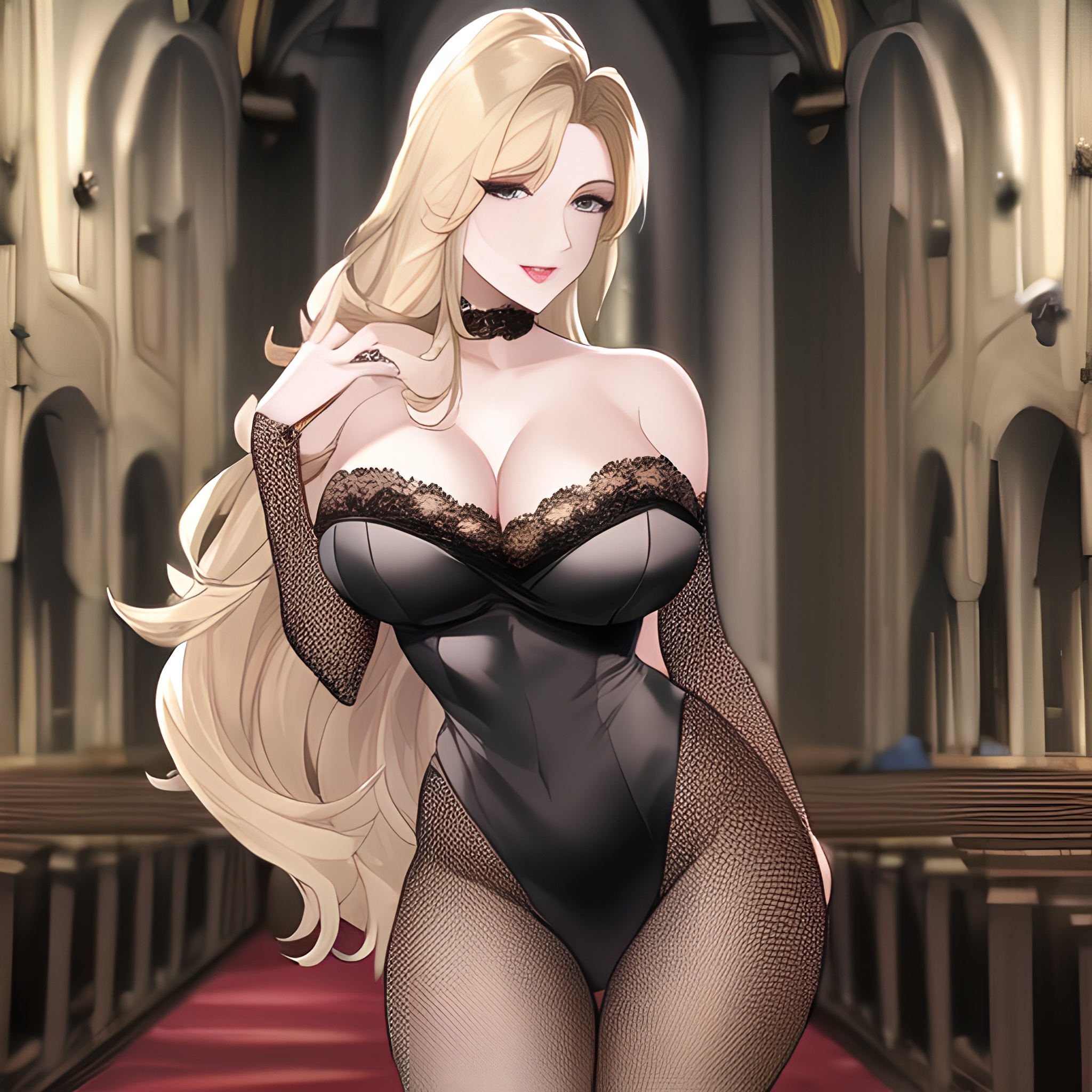 fishnet church front view long hair blonde nude woman small boobs 