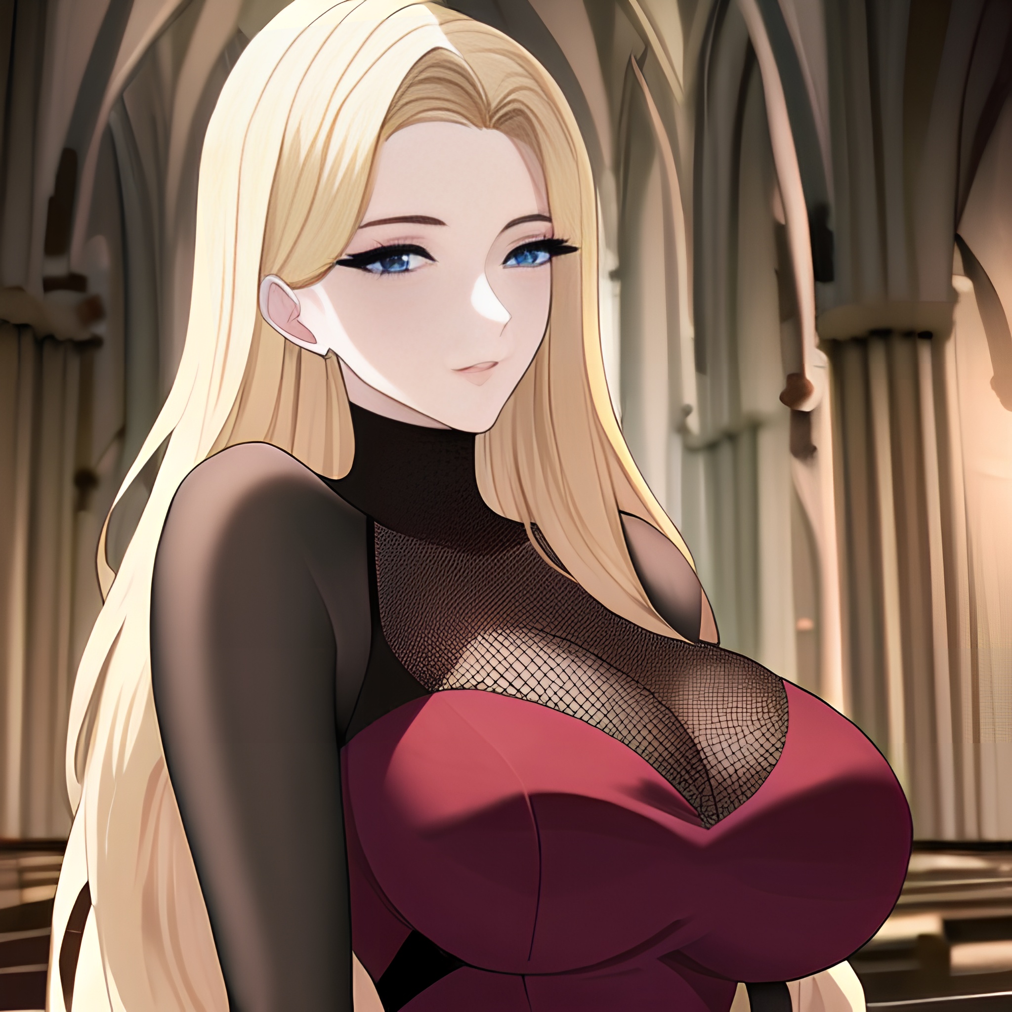 fishnet church long hair front view blonde small boobs nude woman 