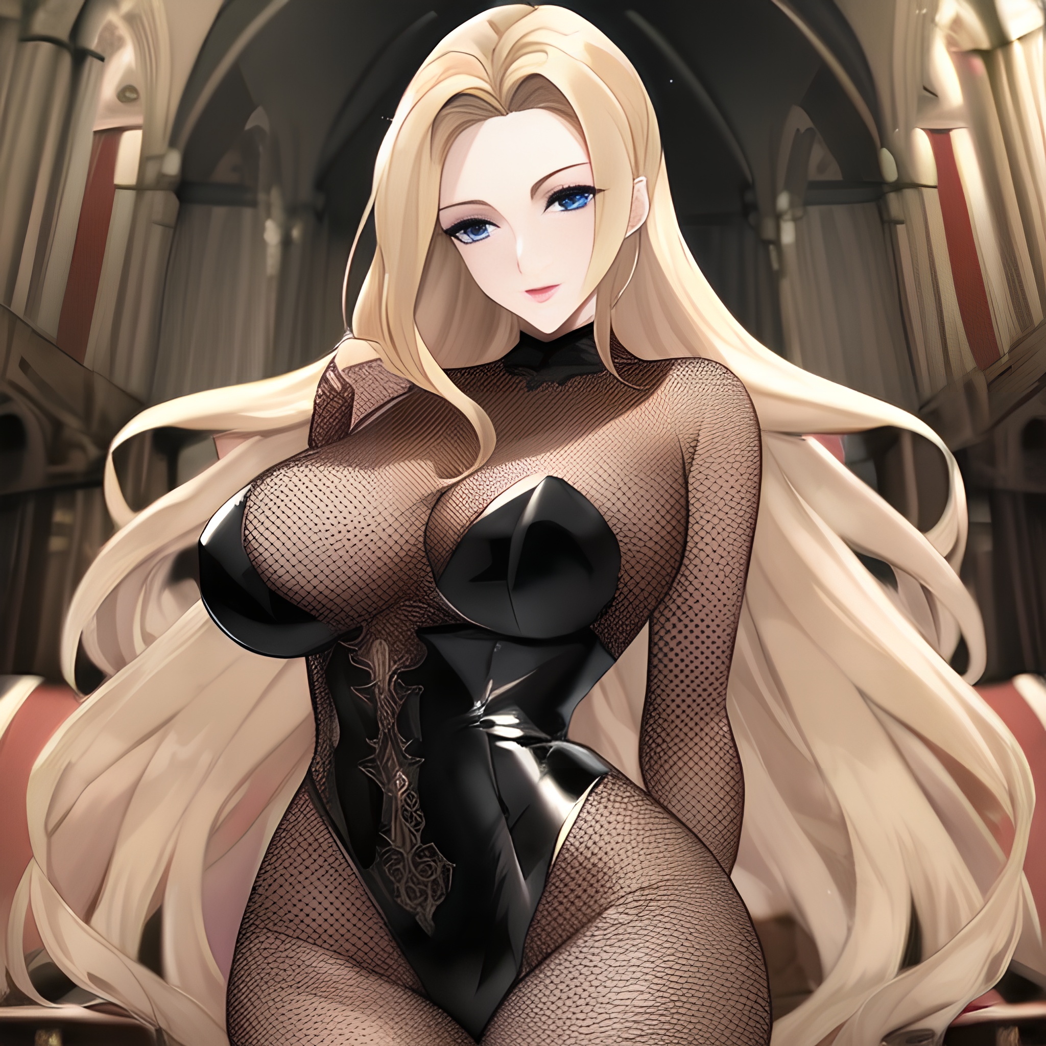 fishnet church long hair nude blonde small boobs woman front view 
