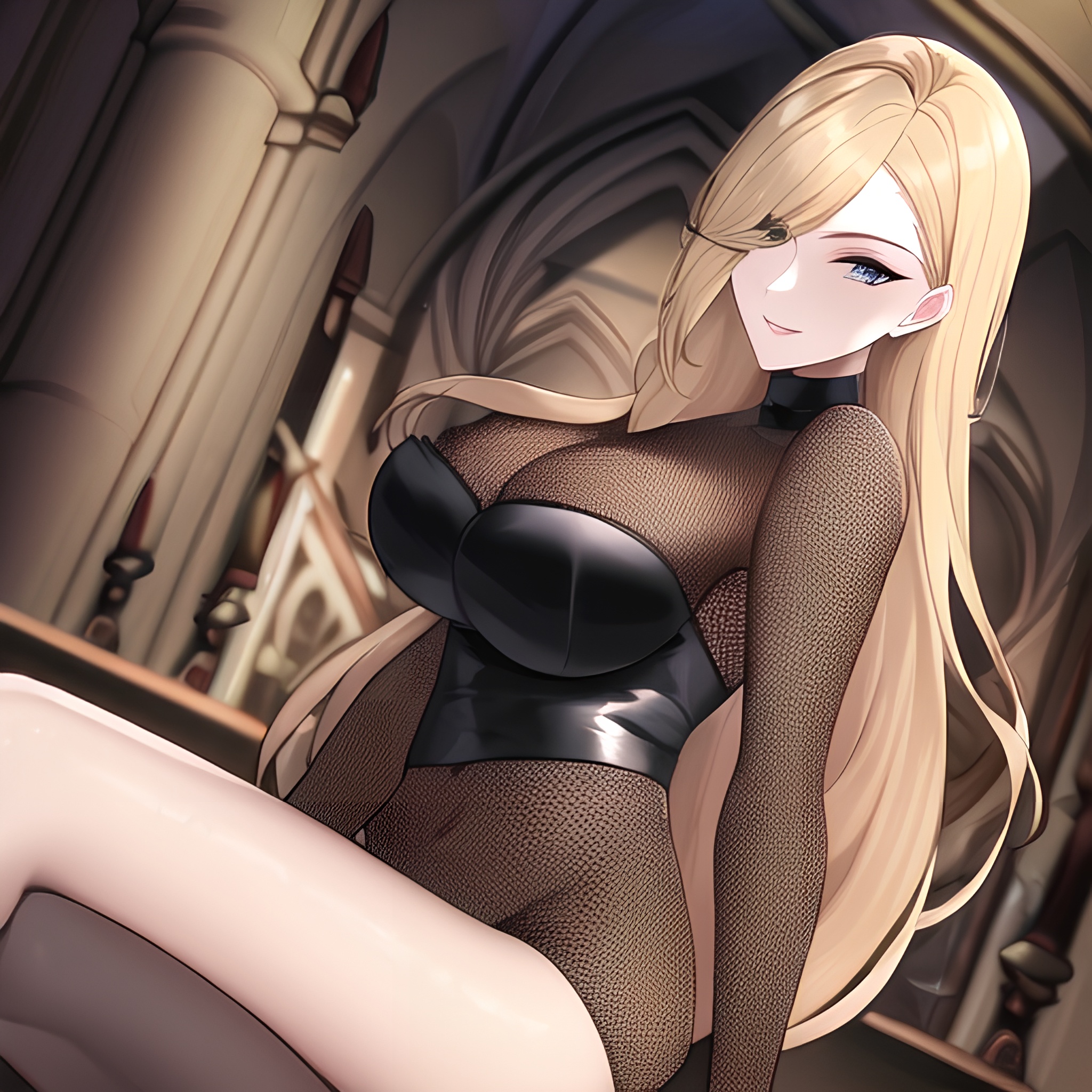 fishnet church long hair nude blonde woman front view small boobs 