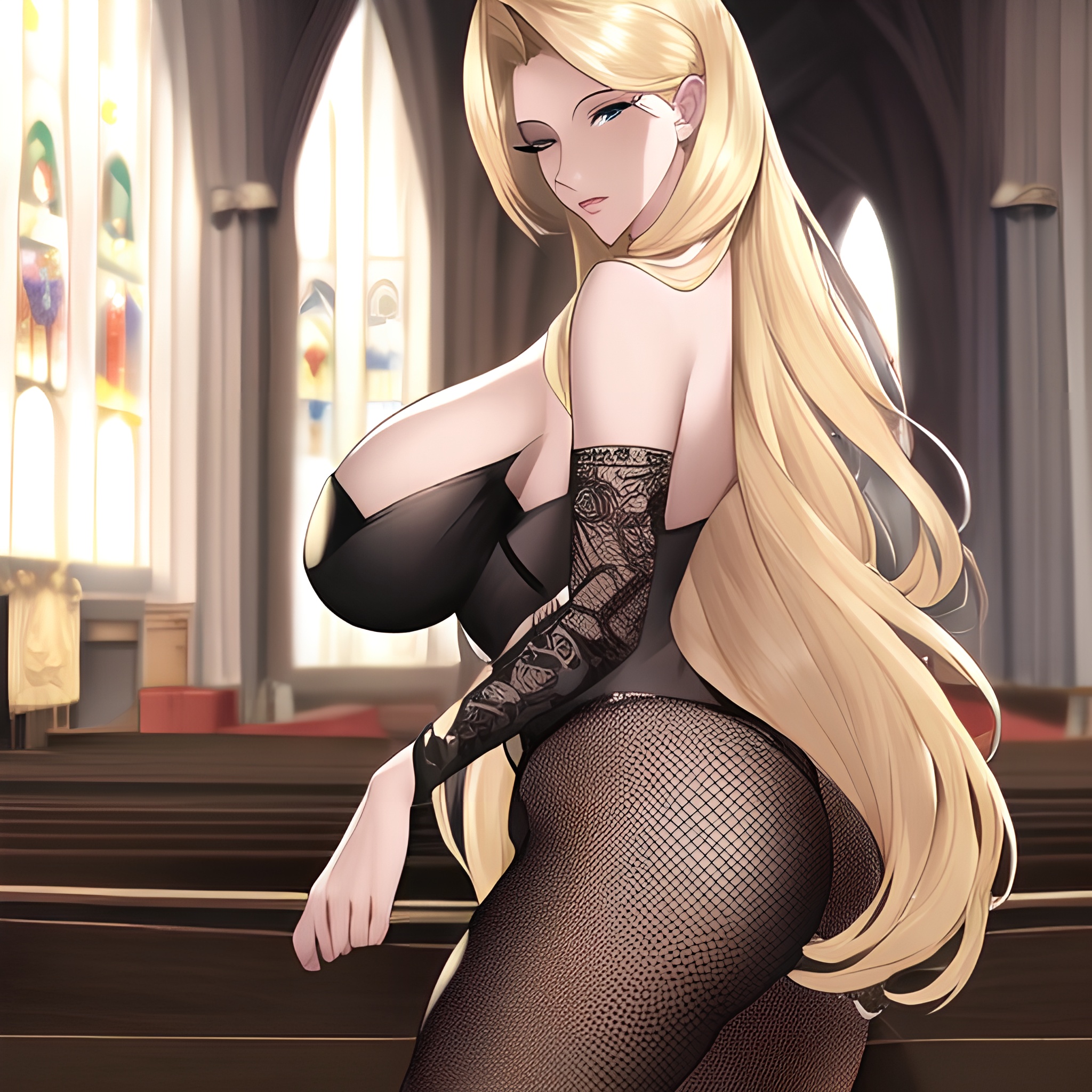 fishnet church nude blonde woman front view small boobs long hair 