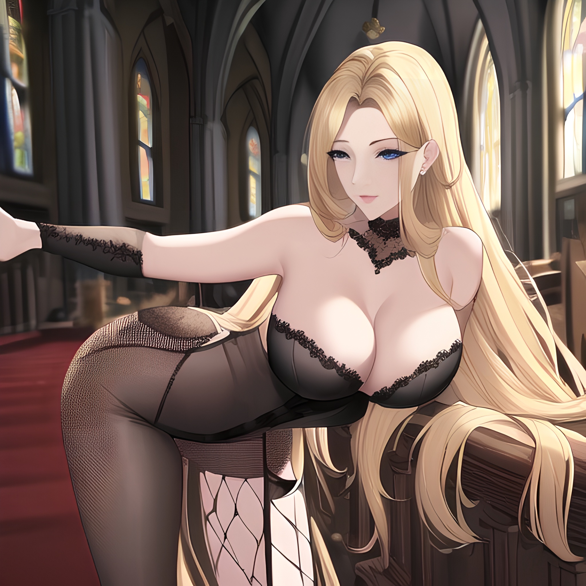 fishnet church woman long hair front view blonde small boobs nude 