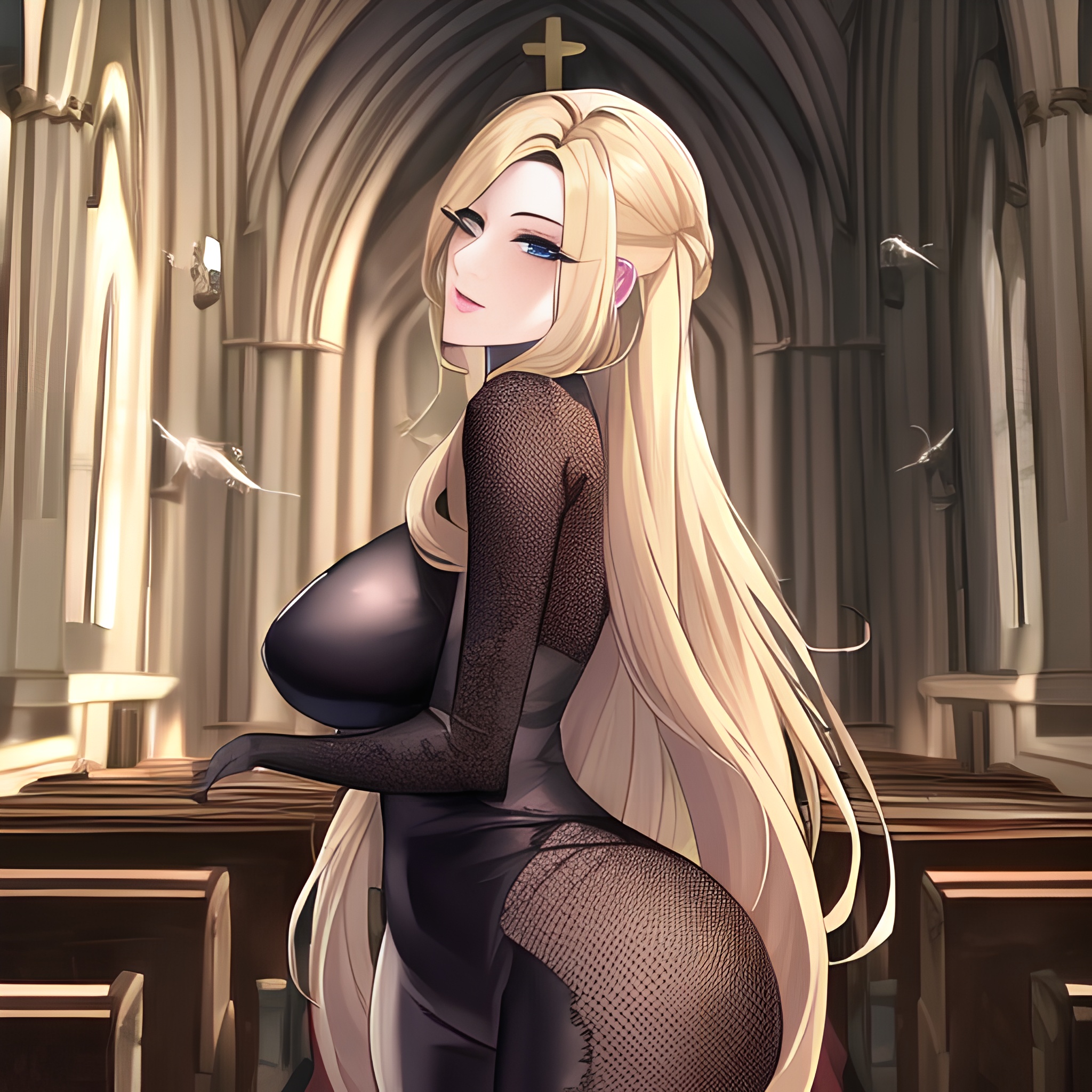 fishnet front view blonde nude woman church small boobs long hair 