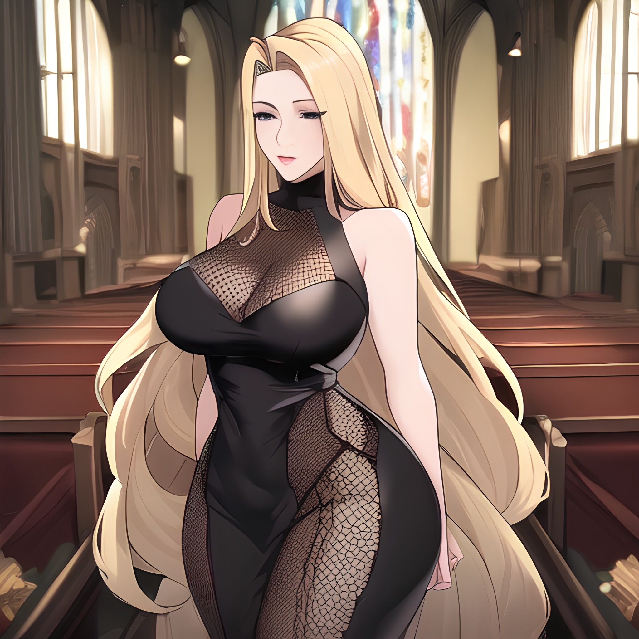 fishnet front view church small boobs blonde woman long hair nude 