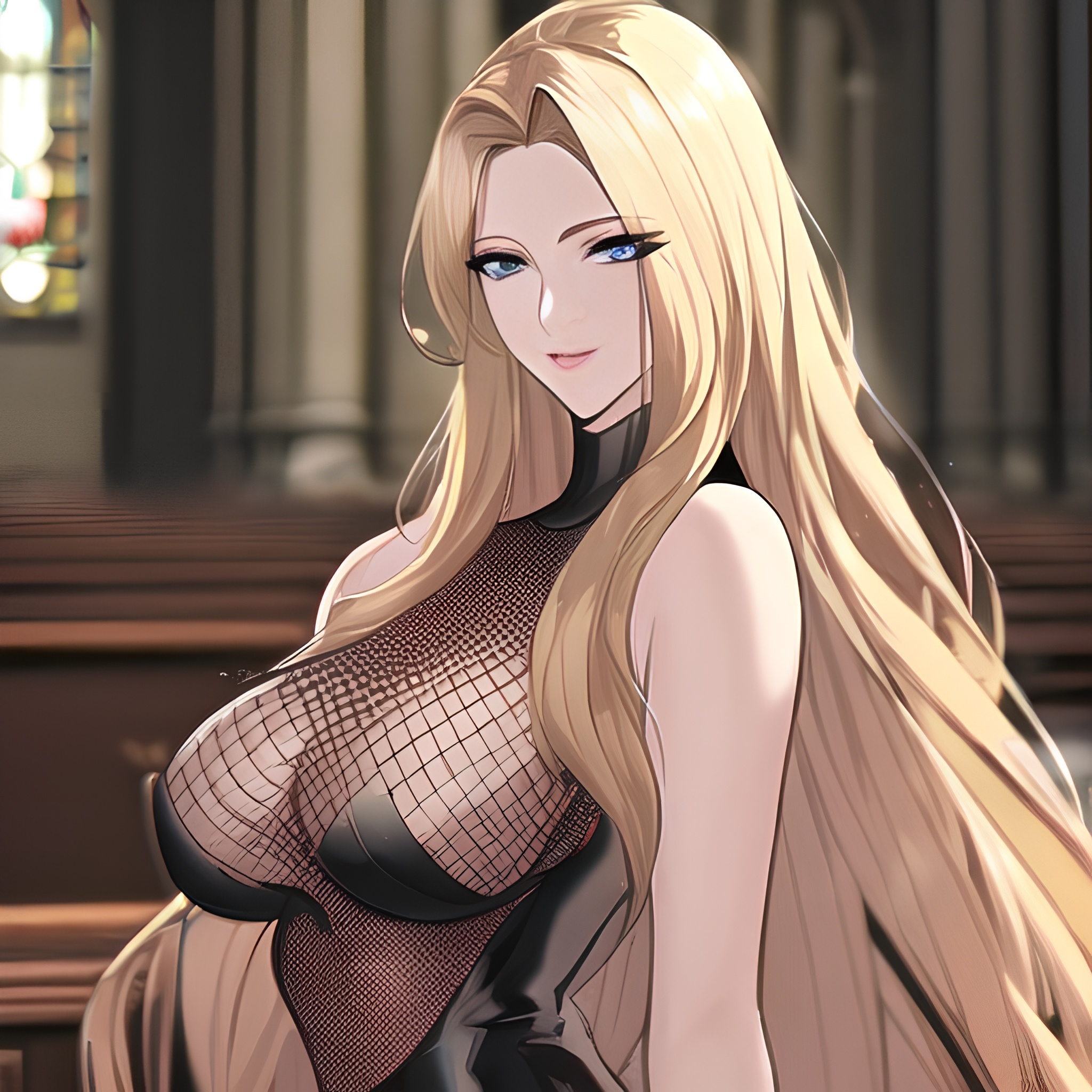 fishnet front view long hair small boobs woman nude blonde church 