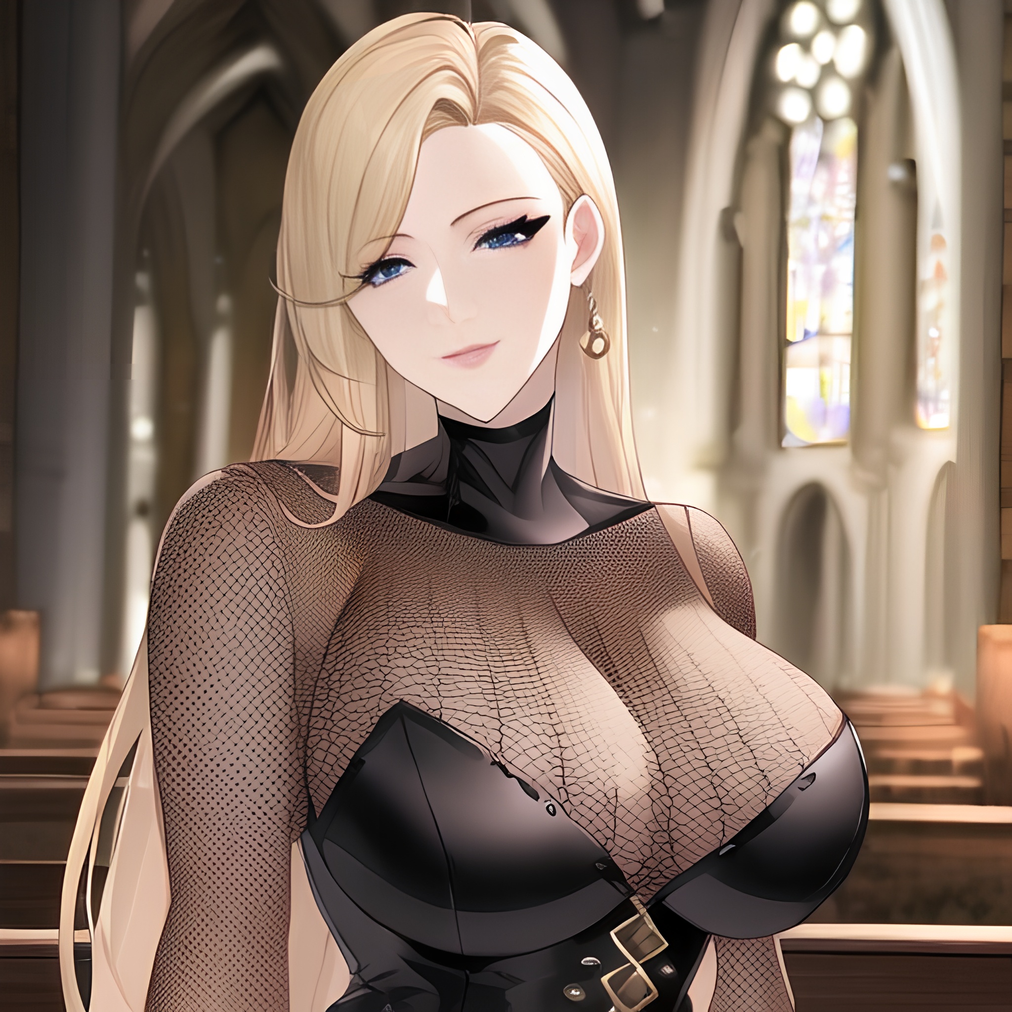 fishnet front view woman blonde long hair church small boobs nude
