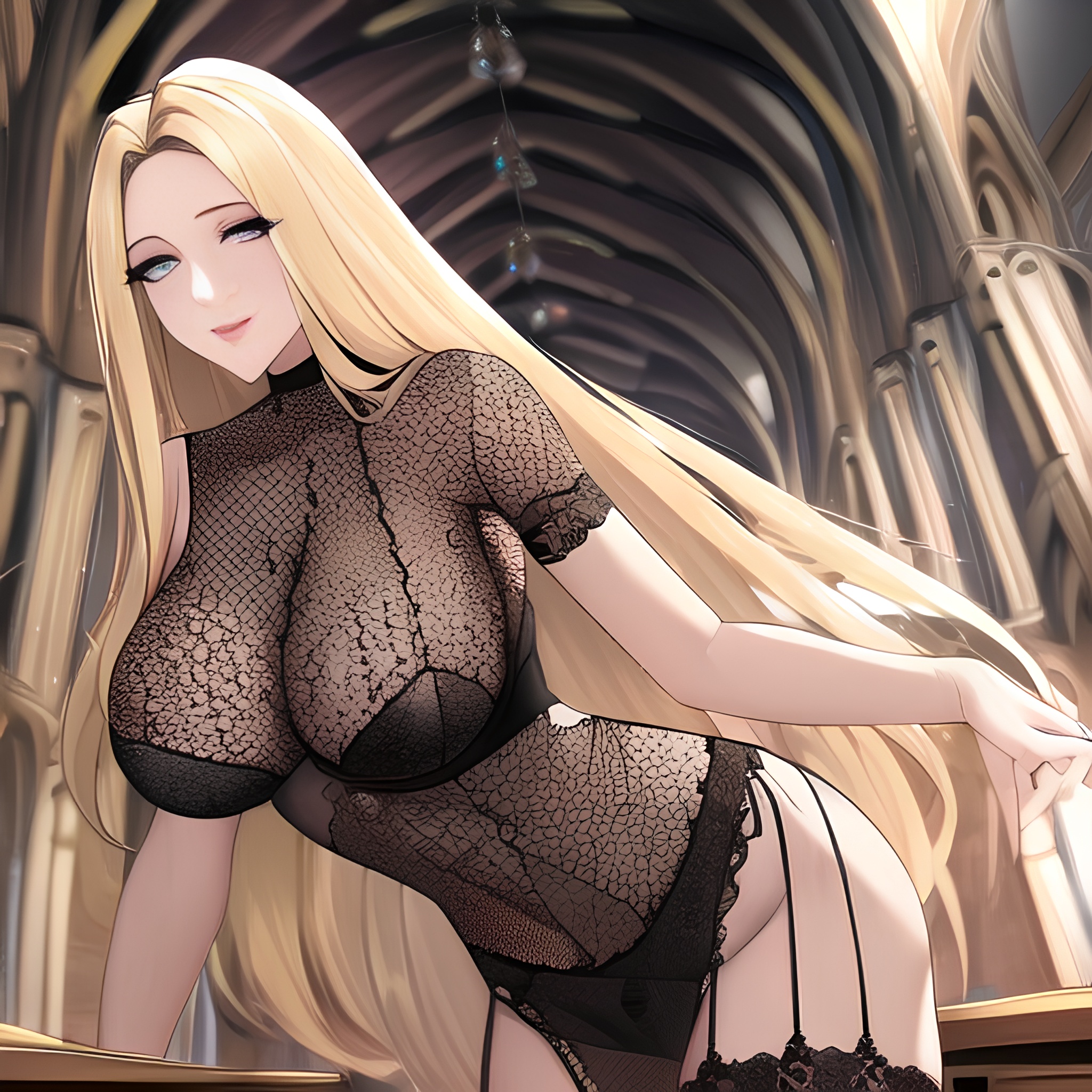 fishnet front view woman blonde long hair nude small boobs church 