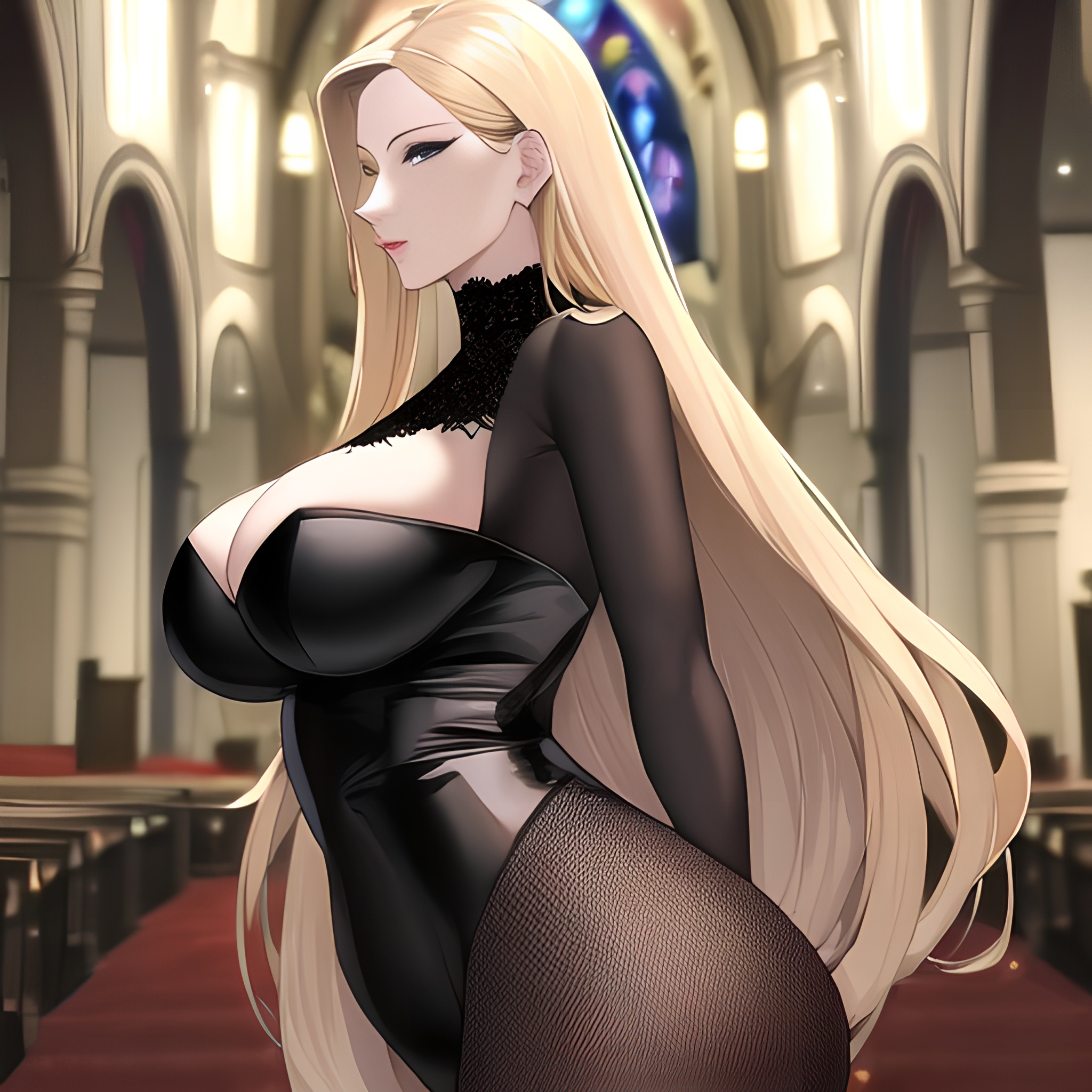 fishnet front view woman long hair nude church blonde small boobs 