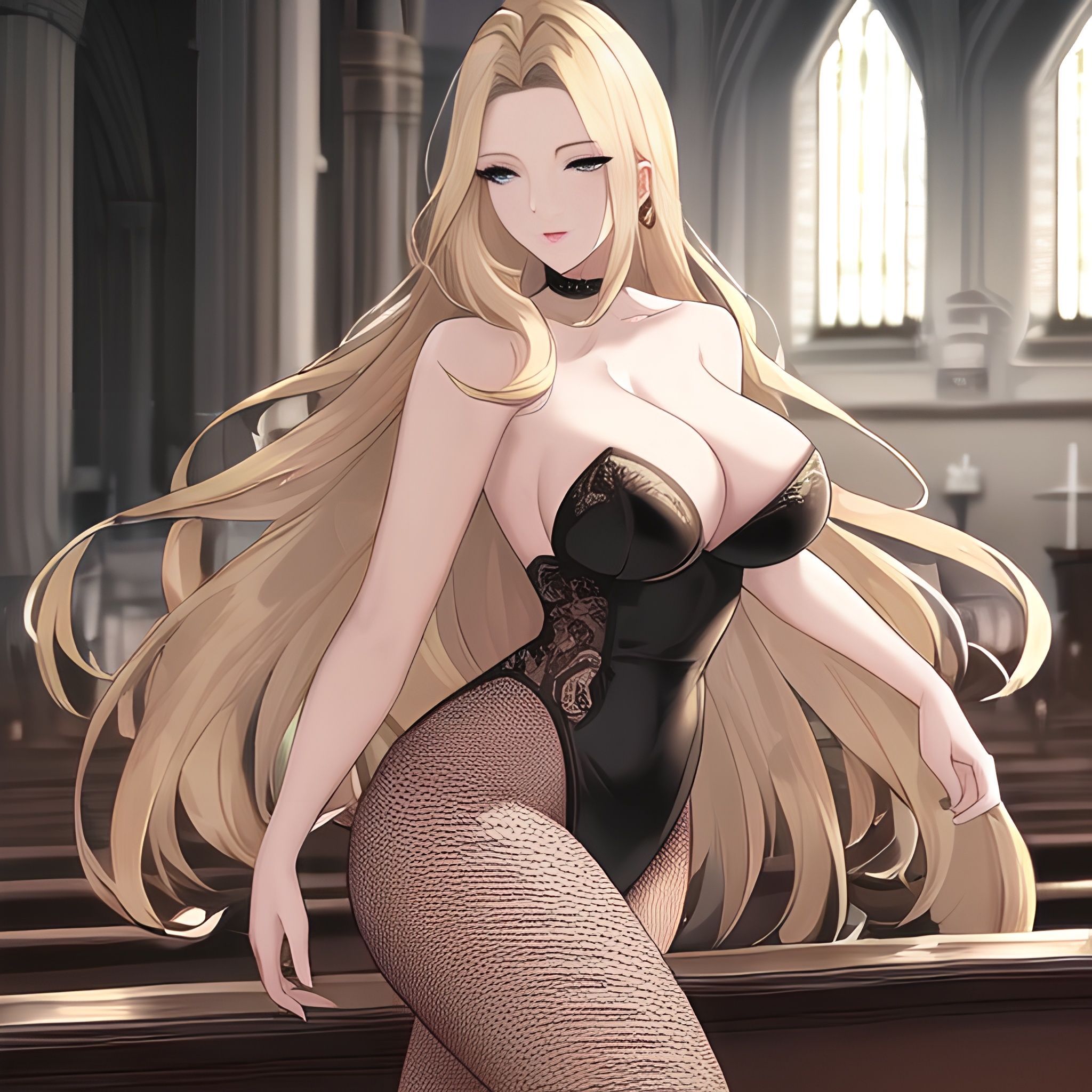 fishnet long hair blonde nude church small boobs front view woman 