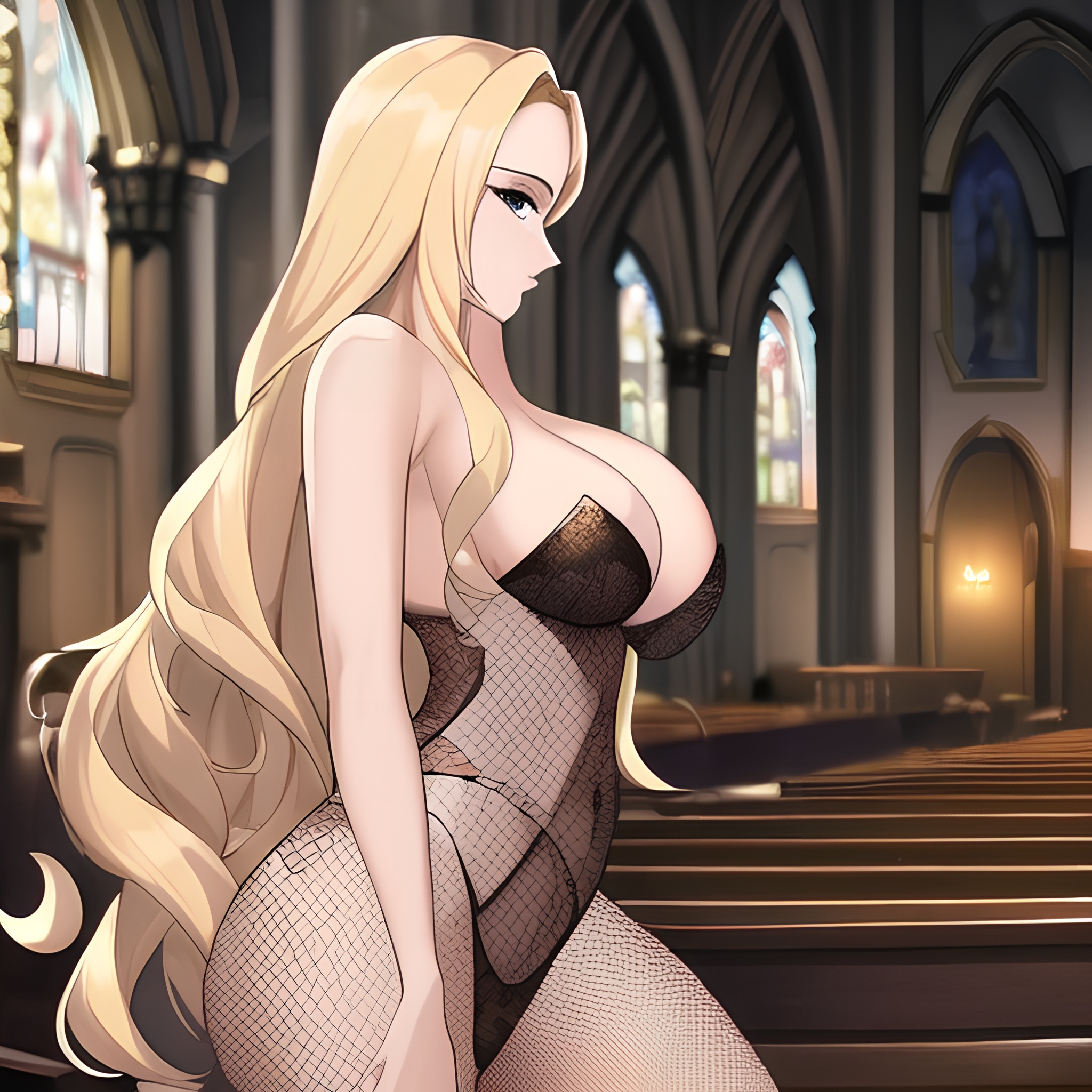 fishnet long hair church small boobs nude blonde front view woman