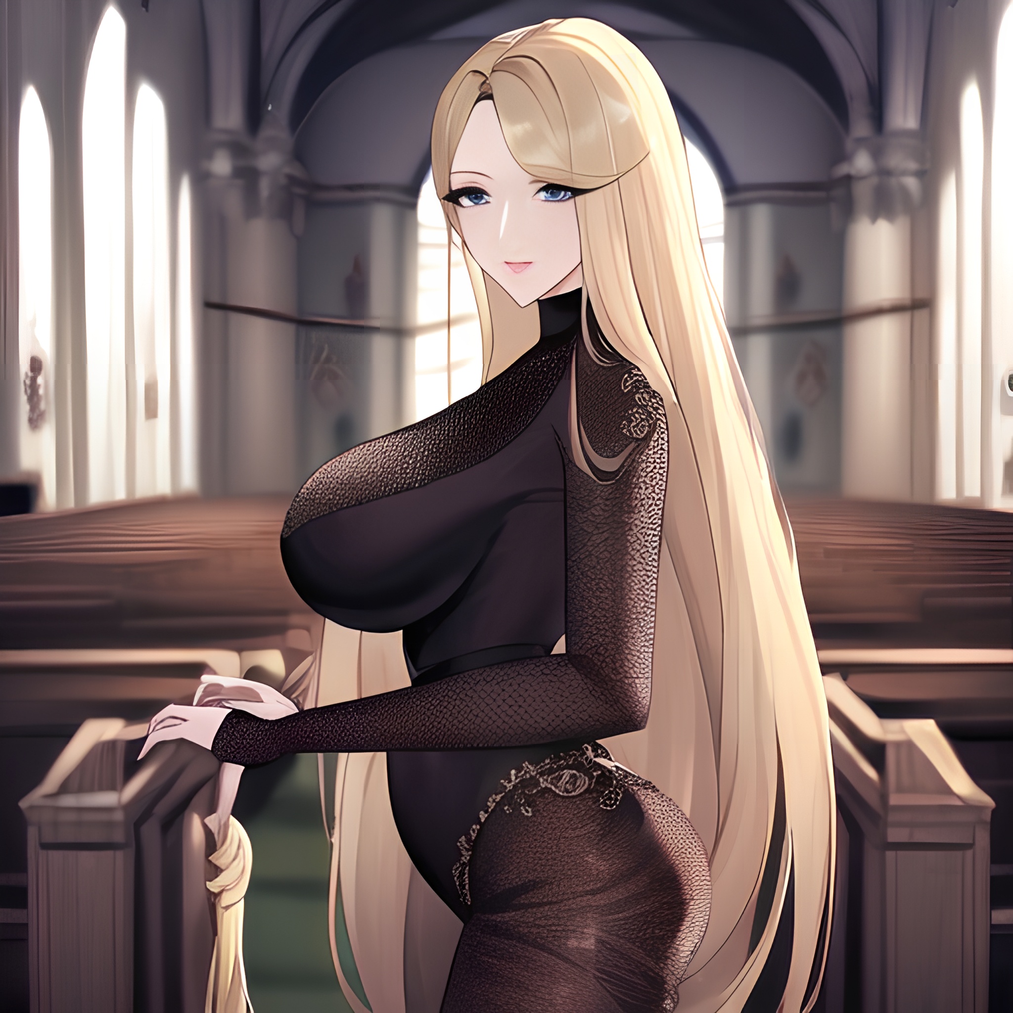 fishnet long hair front view woman blonde nude church small boobs 