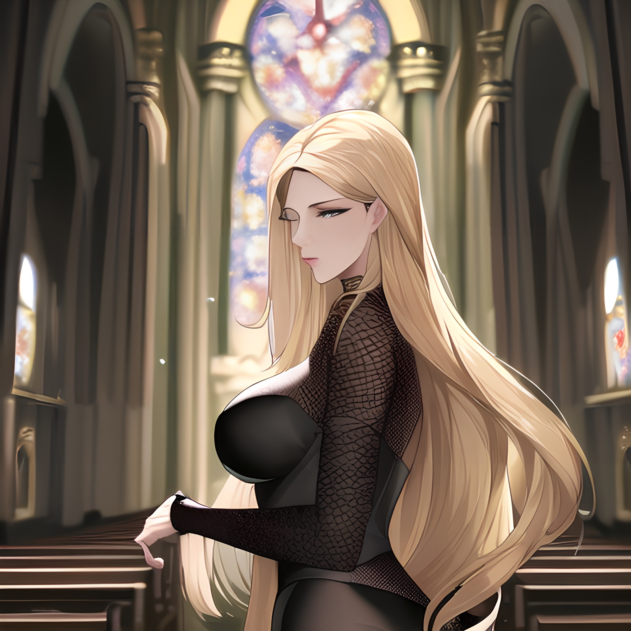 fishnet long hair nude church woman blonde front view small boobs 