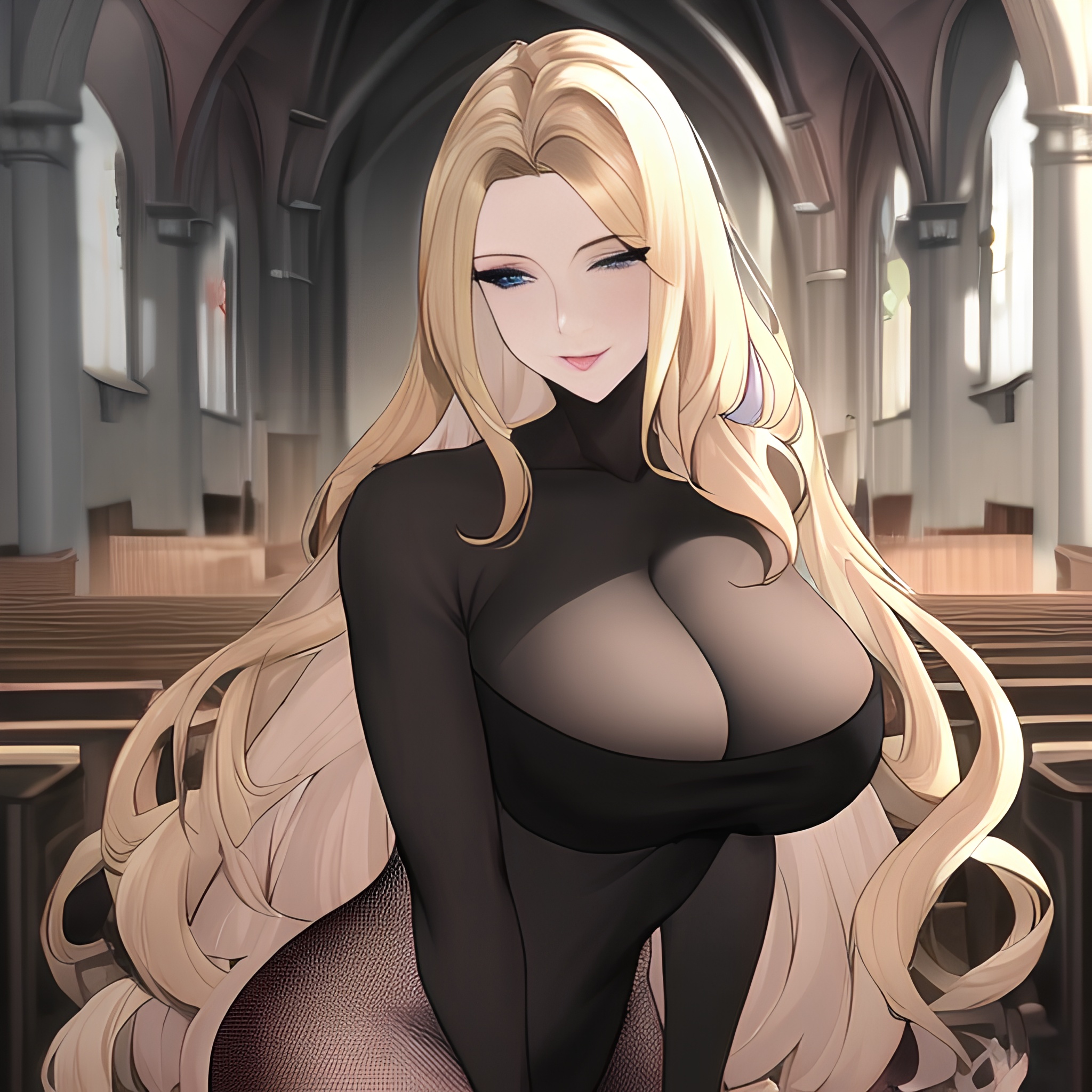 fishnet long hair nude woman front view blonde small boobs church 