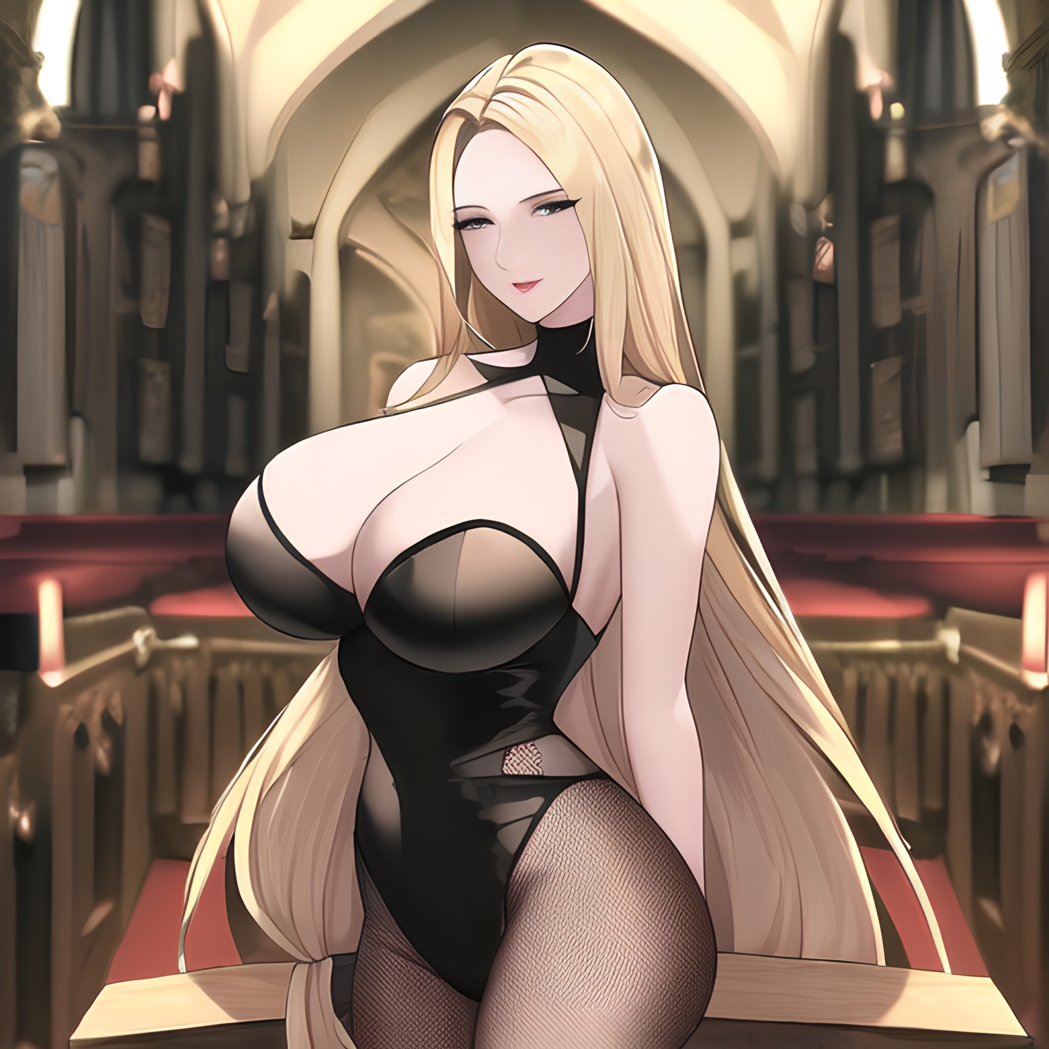 fishnet long hair small boobs blonde front view woman nude church