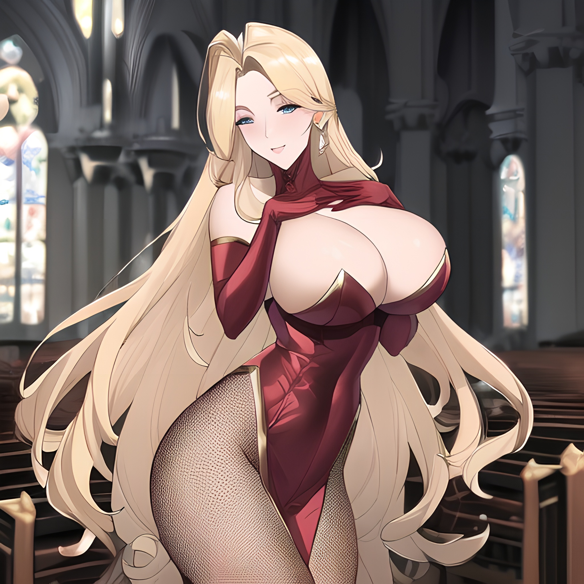 fishnet long hair small boobs front view blonde church woman nude 
