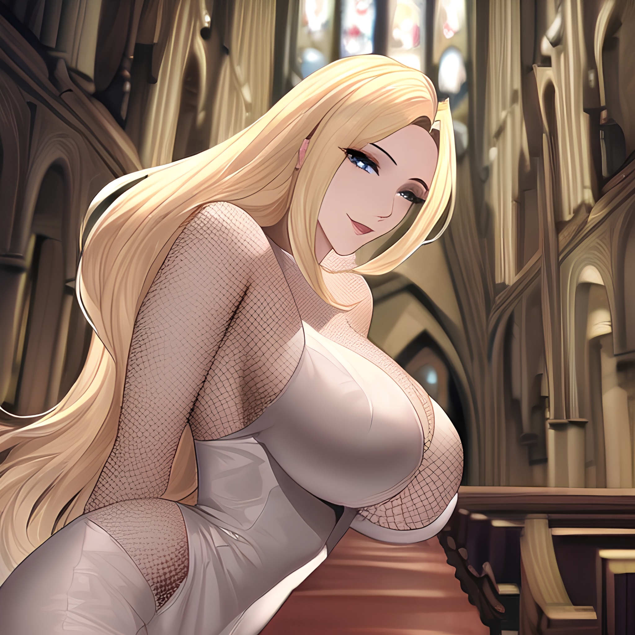 fishnet long hair small boobs woman nude blonde front view church 